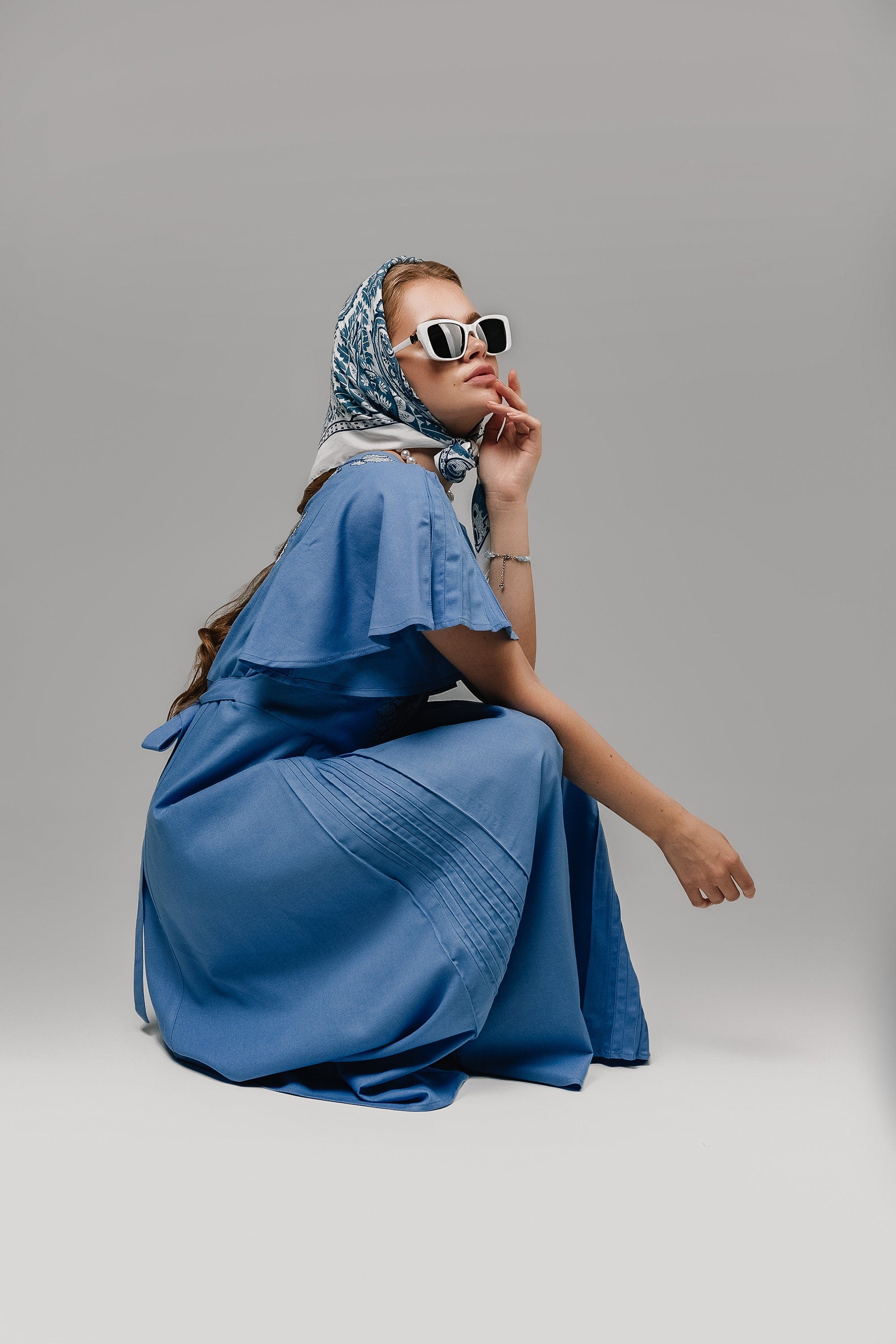 Mothers Day Blue Linen Vyshyvanka Dress with Light Embroidery