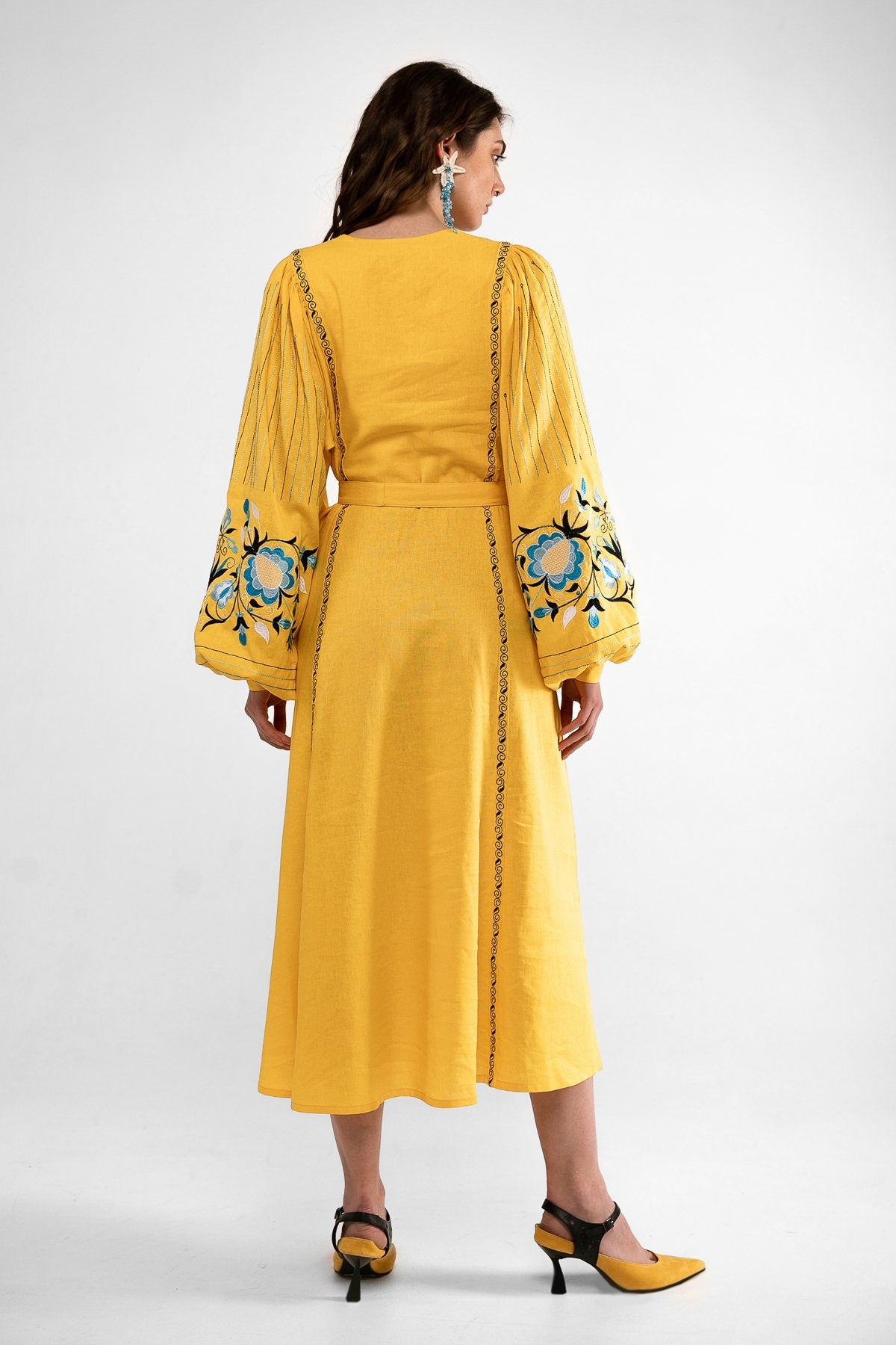 Ukrainian Vyshyvanka Yellow Linen Dress with Light Blue Embroidery