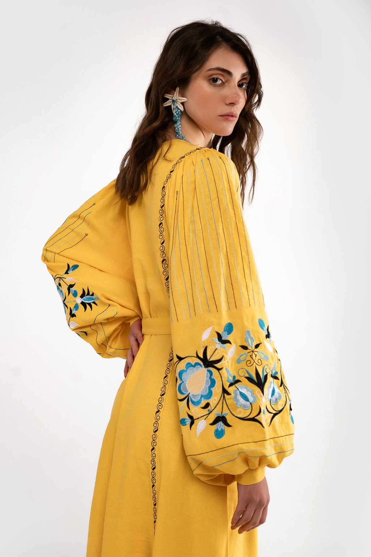 Ukrainian Vyshyvanka Yellow Linen Dress with Light Blue Embroidery