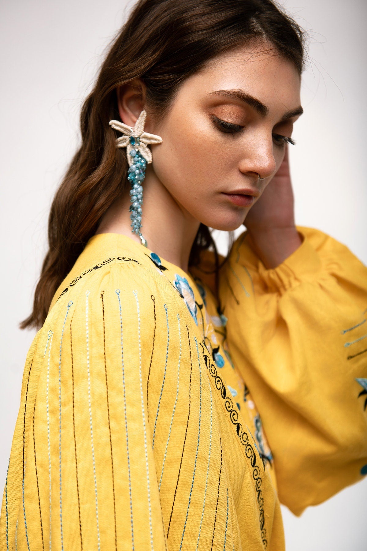 Ukrainian Vyshyvanka Yellow Linen Dress with Light Blue Embroidery