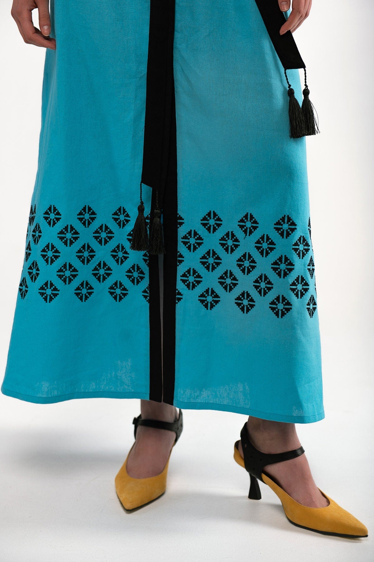 Mothers Day Blue Linen Vyshyvanka Dress with Black Embroidery