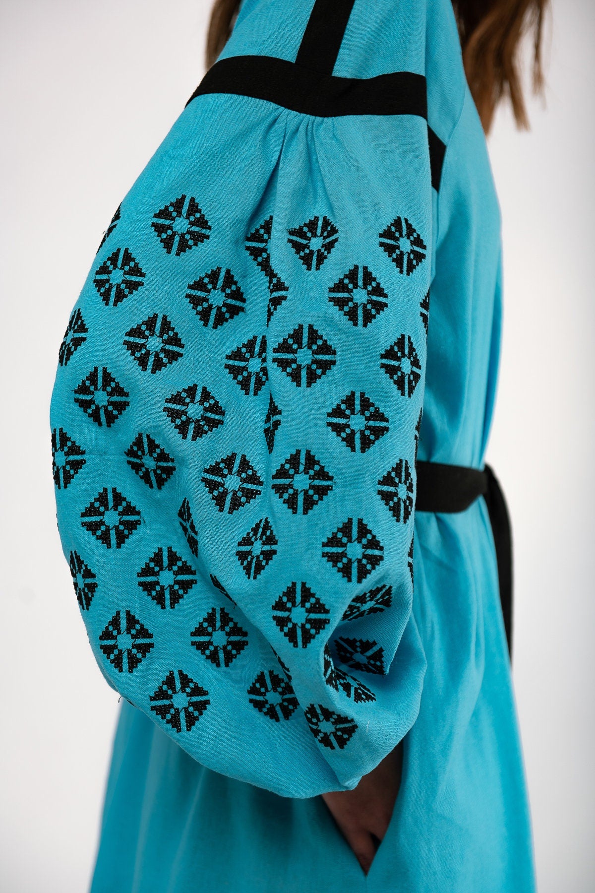 Mothers Day Blue Linen Vyshyvanka Dress with Black Embroidery