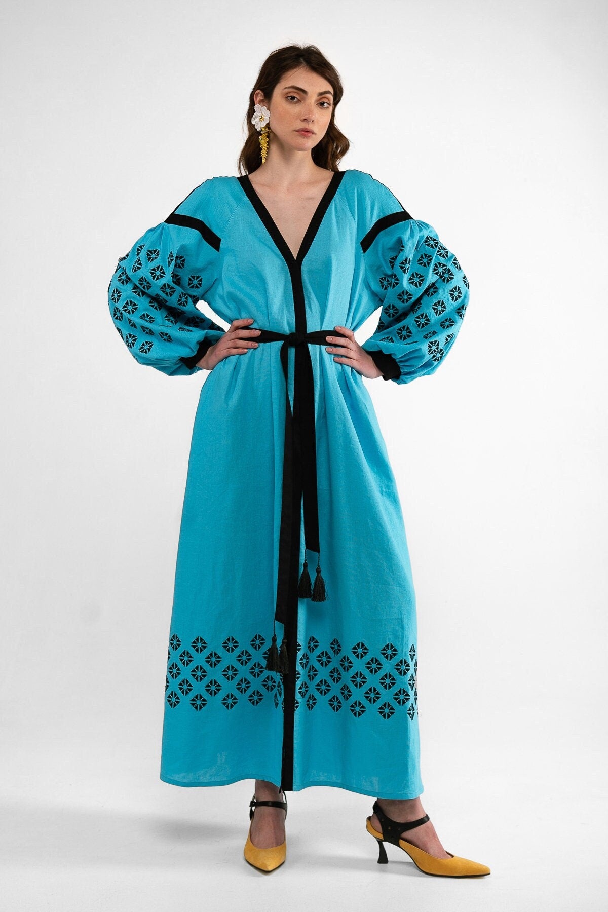 Mothers Day Blue Linen Vyshyvanka Dress with Black Embroidery