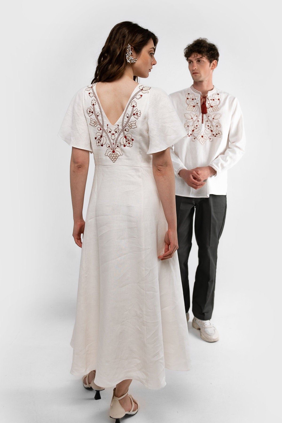 Milky Dress Linen: Ukrainian Vyshyvanka with Light Brown and Beige Embroidery