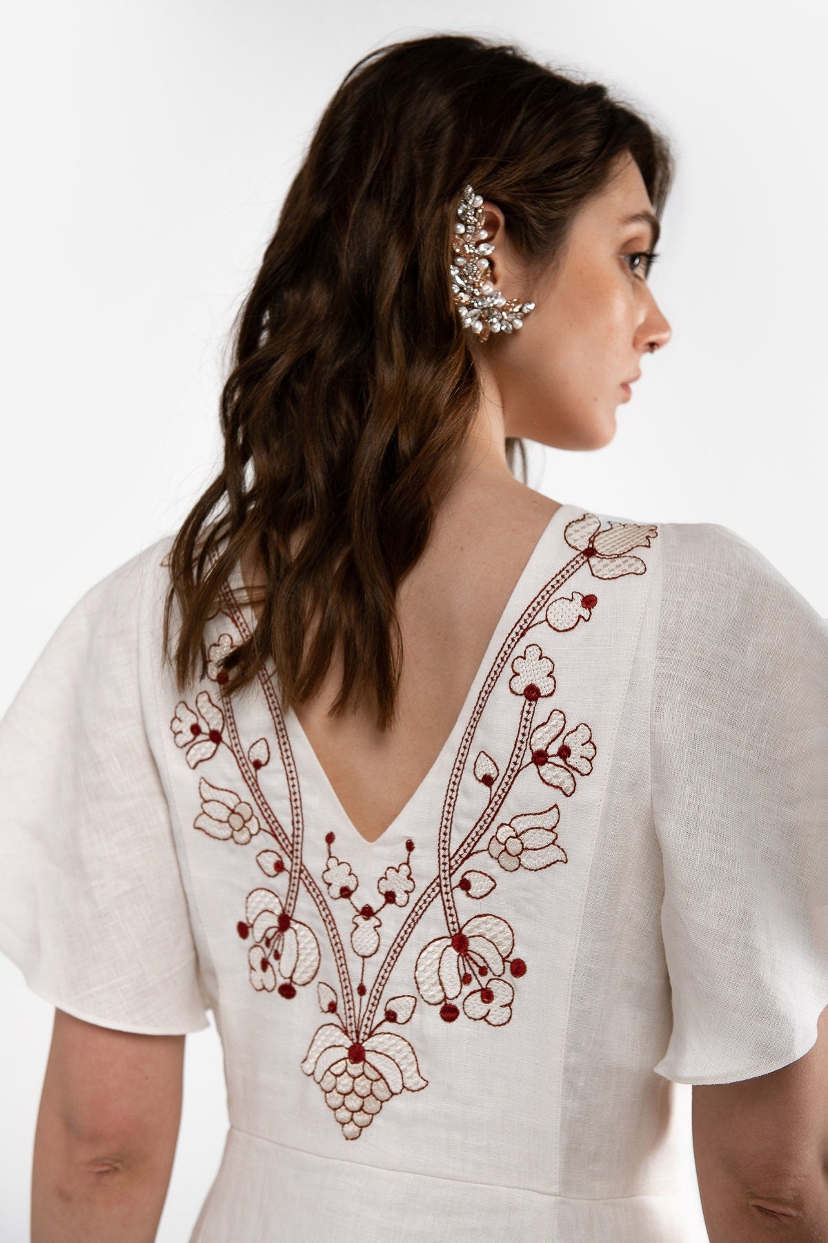 Milky Dress Linen: Ukrainian Vyshyvanka with Light Brown and Beige Embroidery