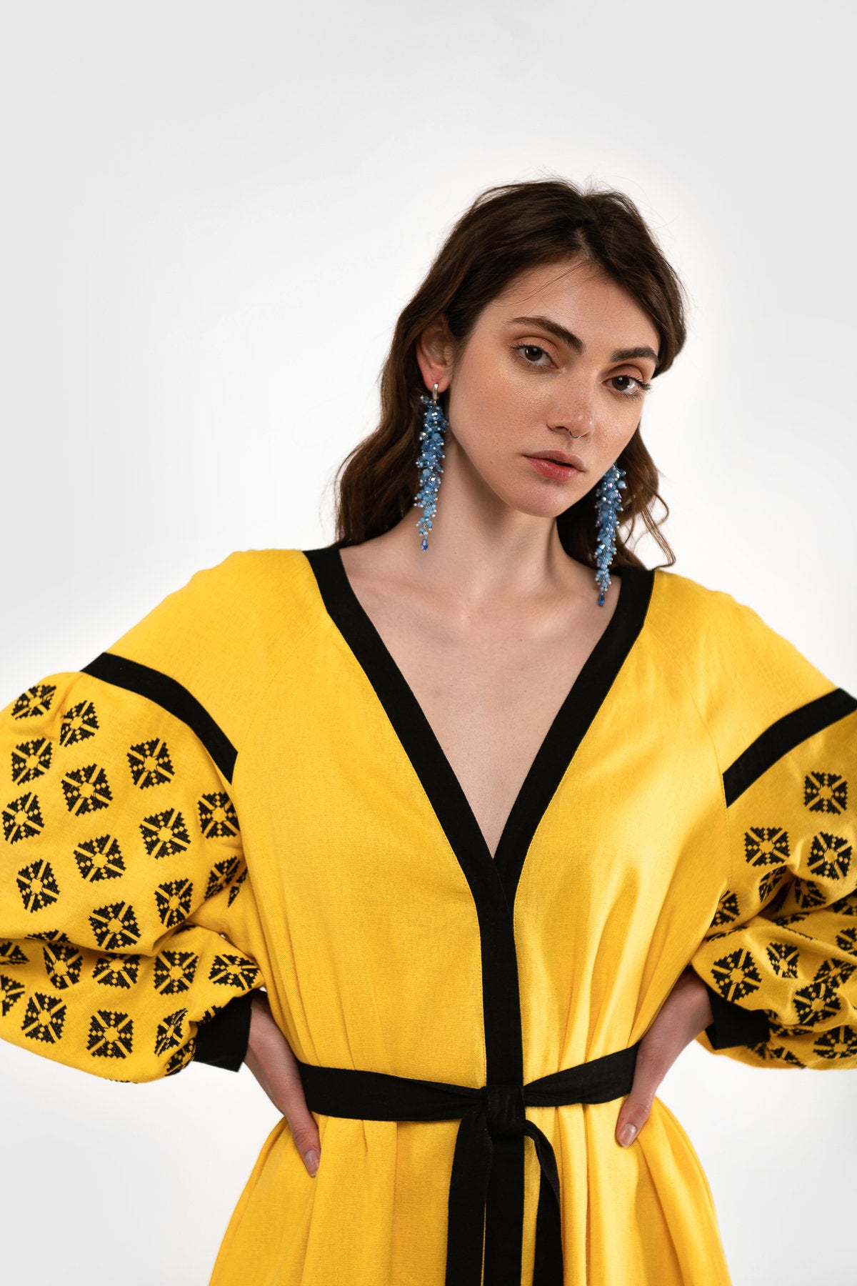 Mothers Day Yellow Linen Vyshyvanka Dress with Black Embroidery