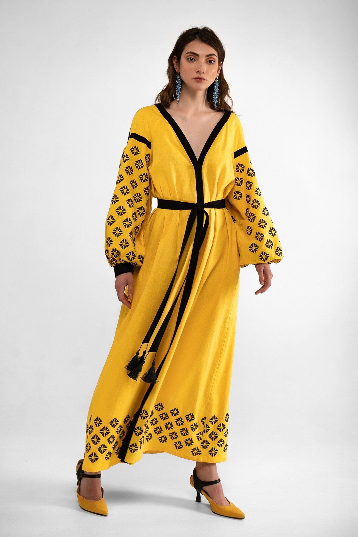 Mothers Day Yellow Linen Vyshyvanka Dress with Black Embroidery