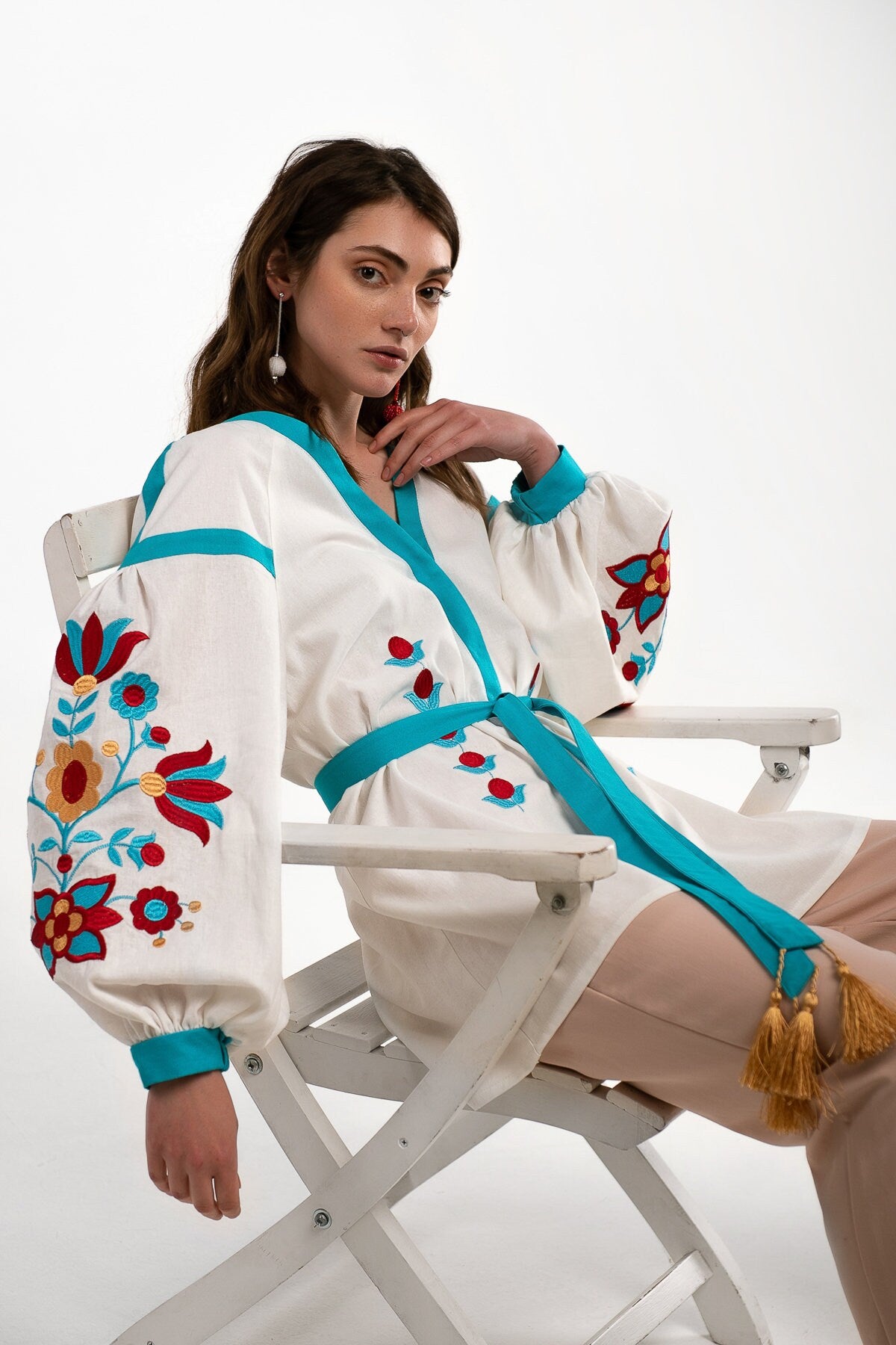 Milky Ukrainian Vyshyvanka Blouse with Colorful Embroidery - Bohemian Ethnic Shirt