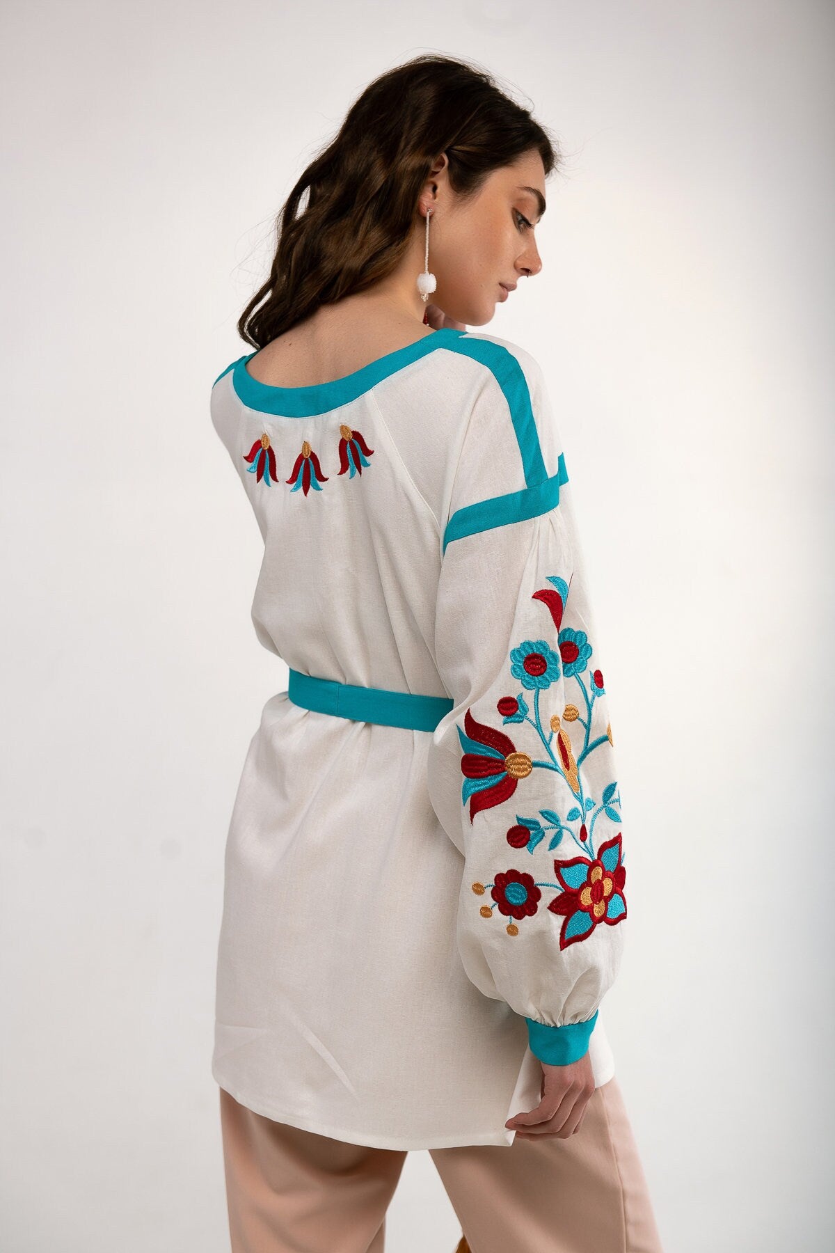 Milky Ukrainian Vyshyvanka Blouse with Colorful Embroidery - Bohemian Ethnic Shirt