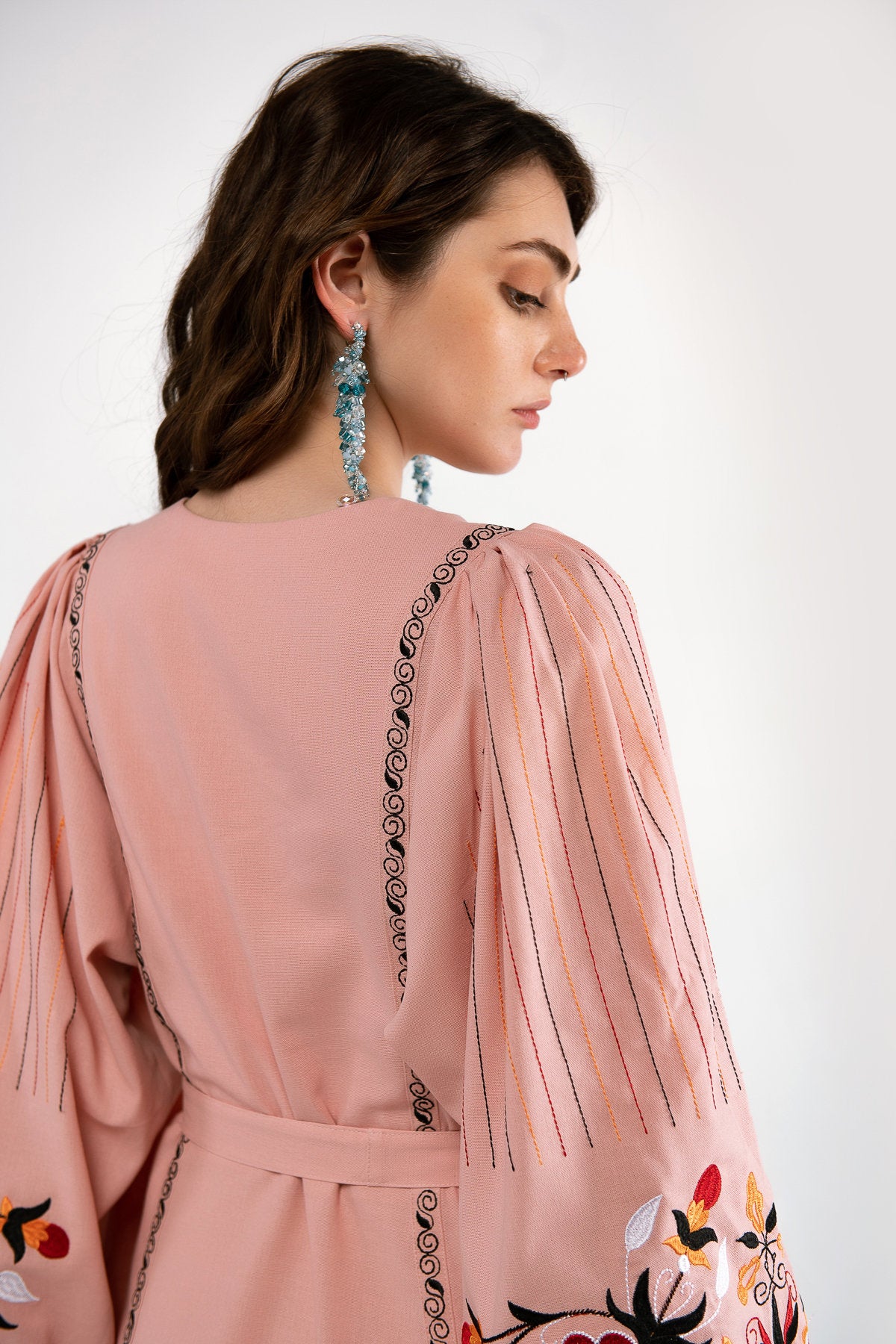 Powder-Pink Linen Vyshyvanka Dress with Floral Embroidery