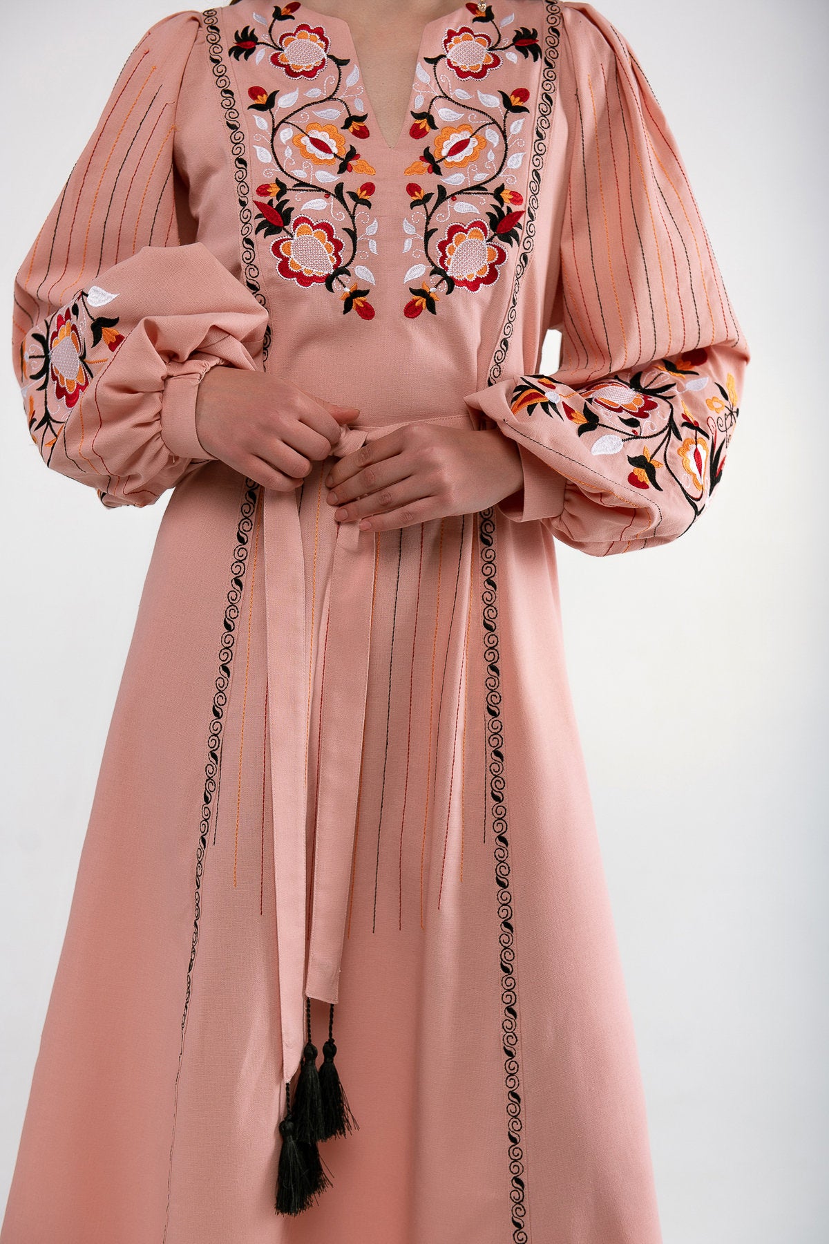 Powder-Pink Linen Vyshyvanka Dress with Floral Embroidery