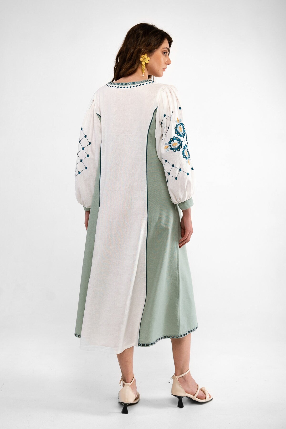 White and Light Green Ukrainian Vyshyvanka Dress with Geometric Embroidery