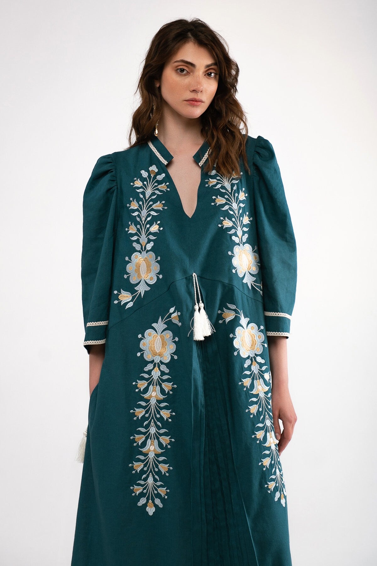 Linen Ukrainian Vyshyvanka Dress with Embroidery - Sea Wave Color