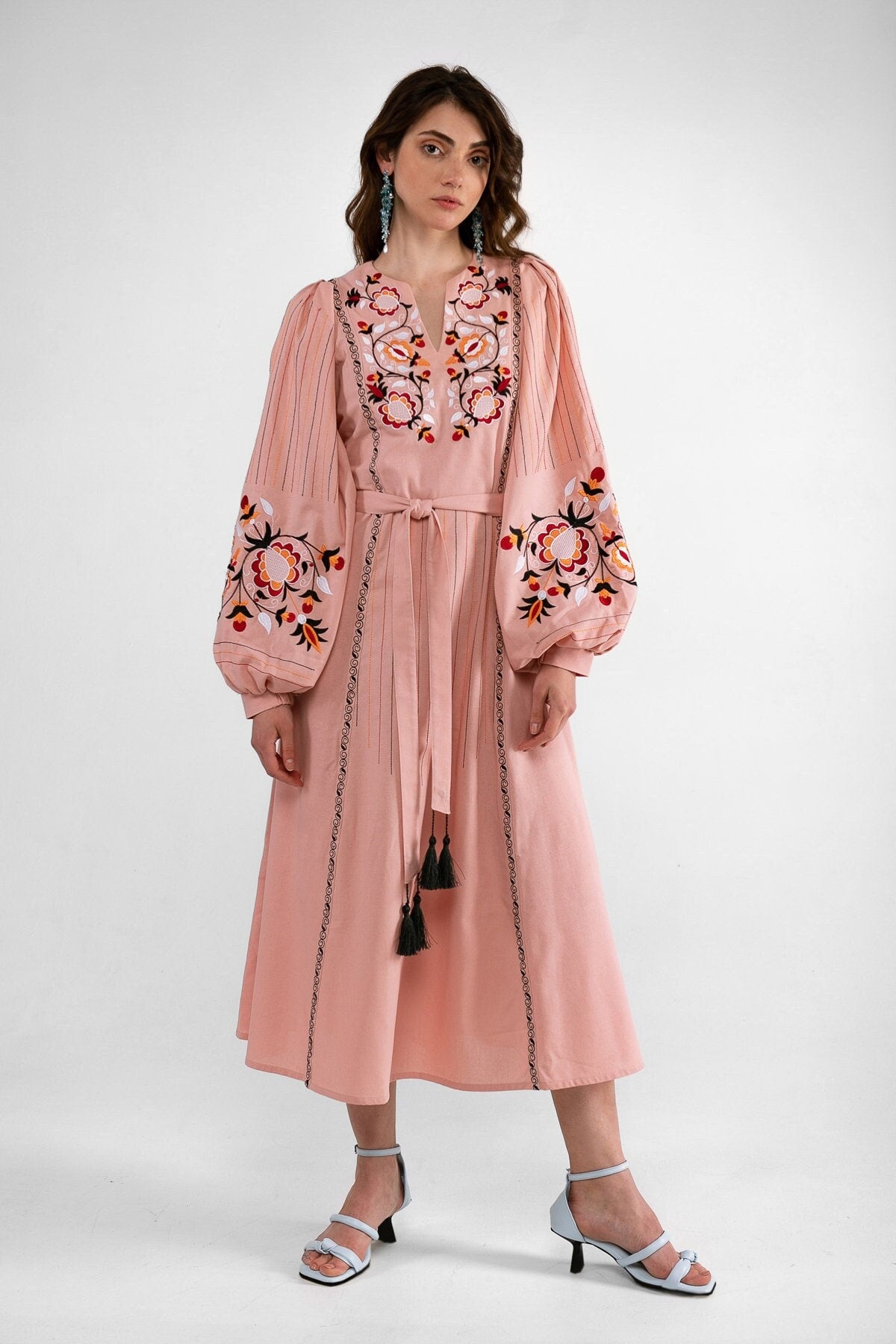 Powder-Pink Linen Vyshyvanka Dress with Floral Embroidery