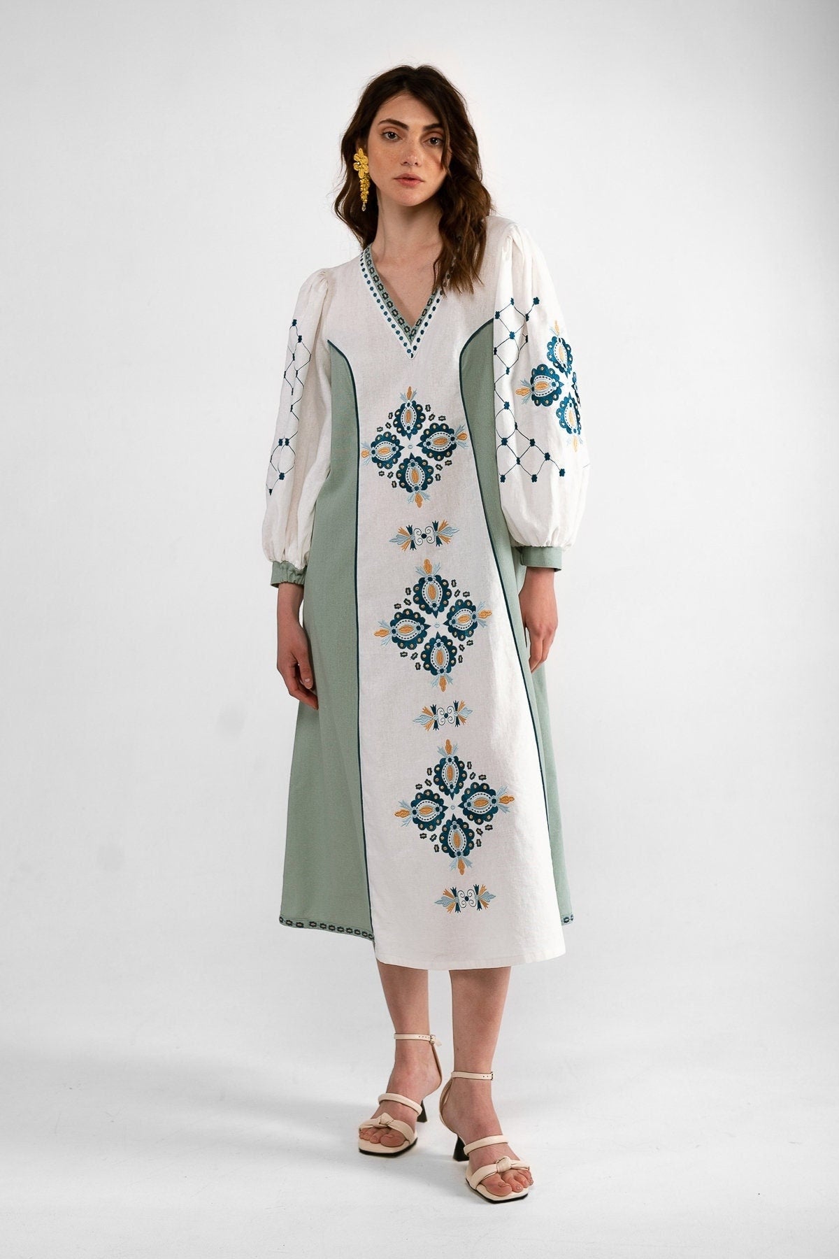 White and Light Green Ukrainian Vyshyvanka Dress with Geometric Embroidery