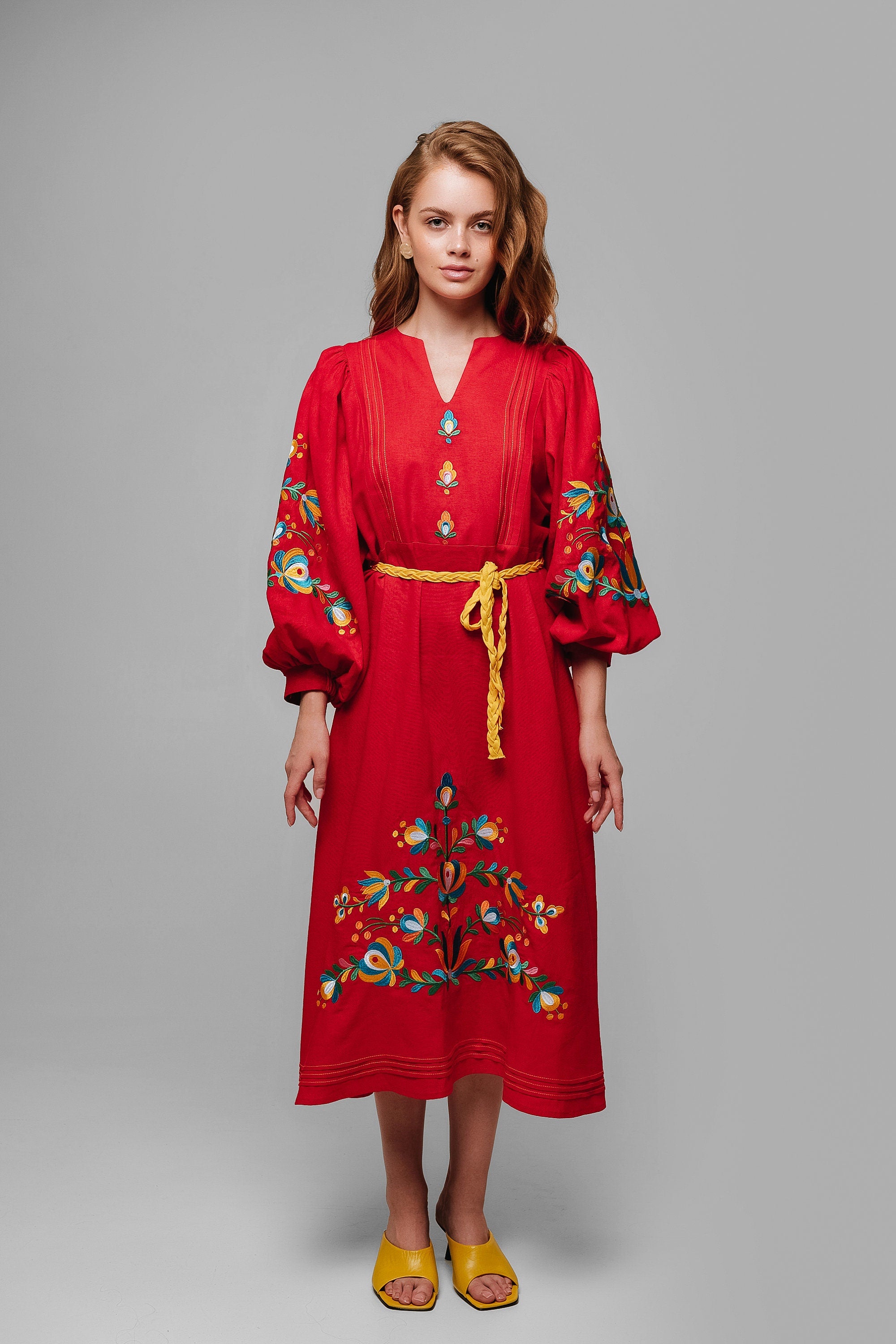 Mothers Day Red Linen Vyshyvanka Dress with Floral Embroidery