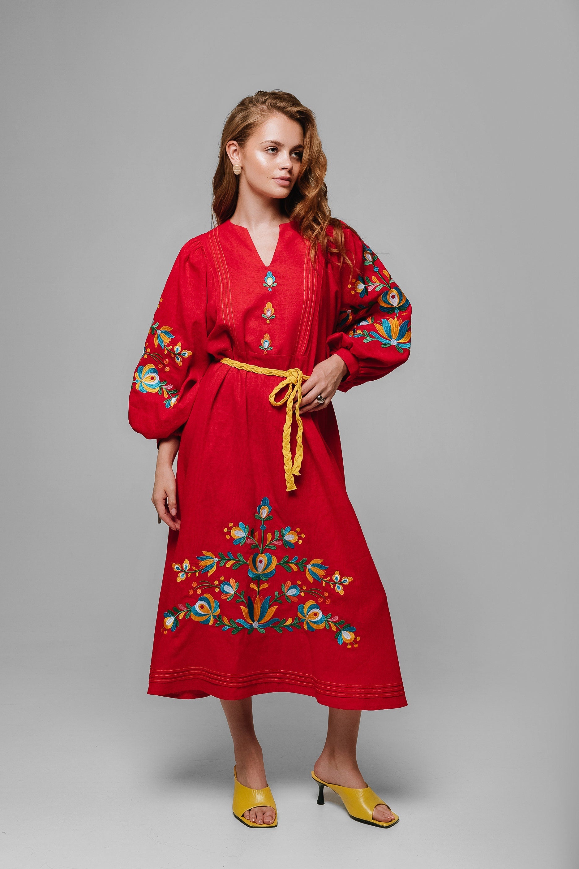 Mothers Day Red Linen Vyshyvanka Dress with Floral Embroidery