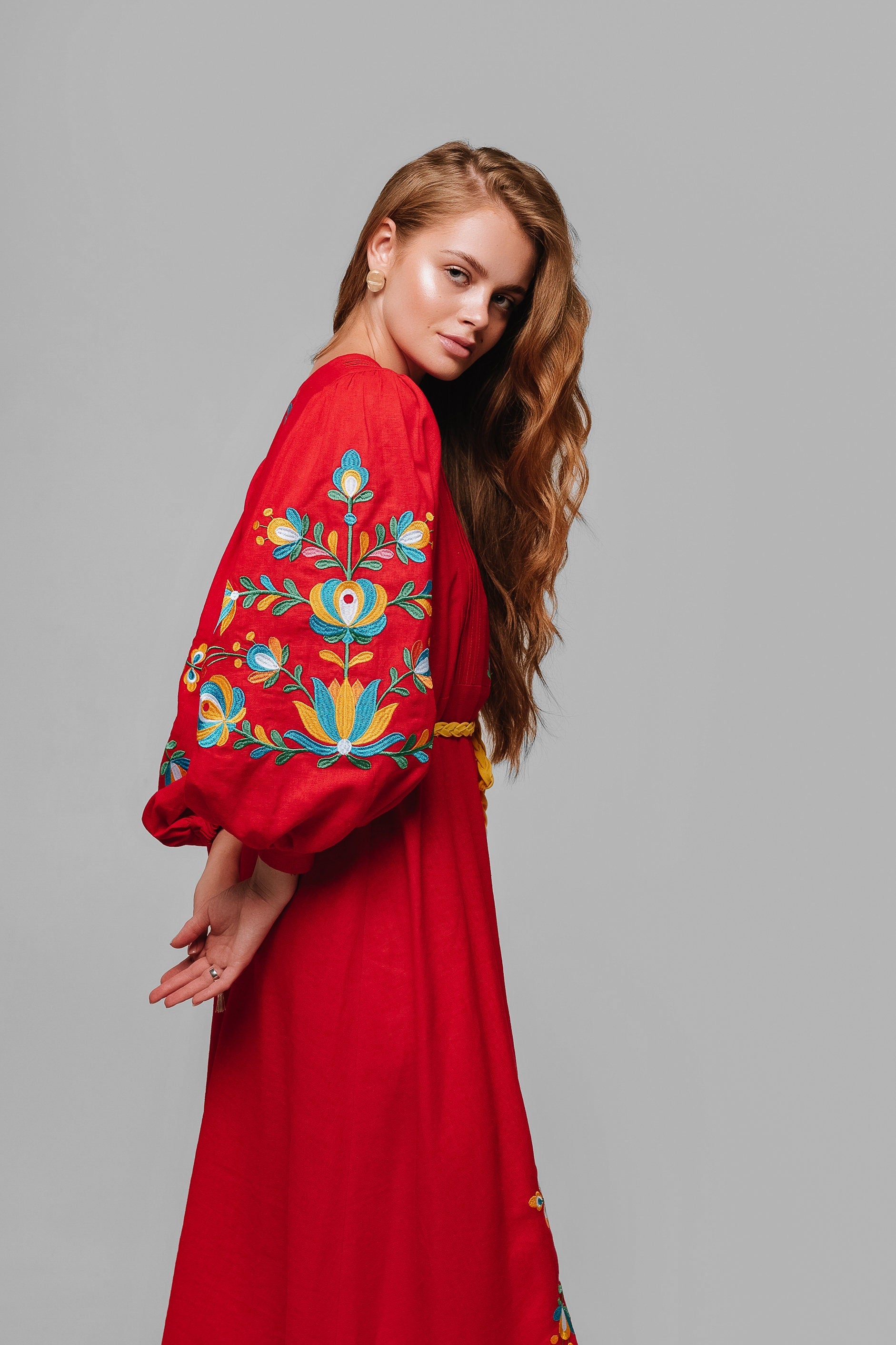 Mothers Day Red Linen Vyshyvanka Dress with Floral Embroidery