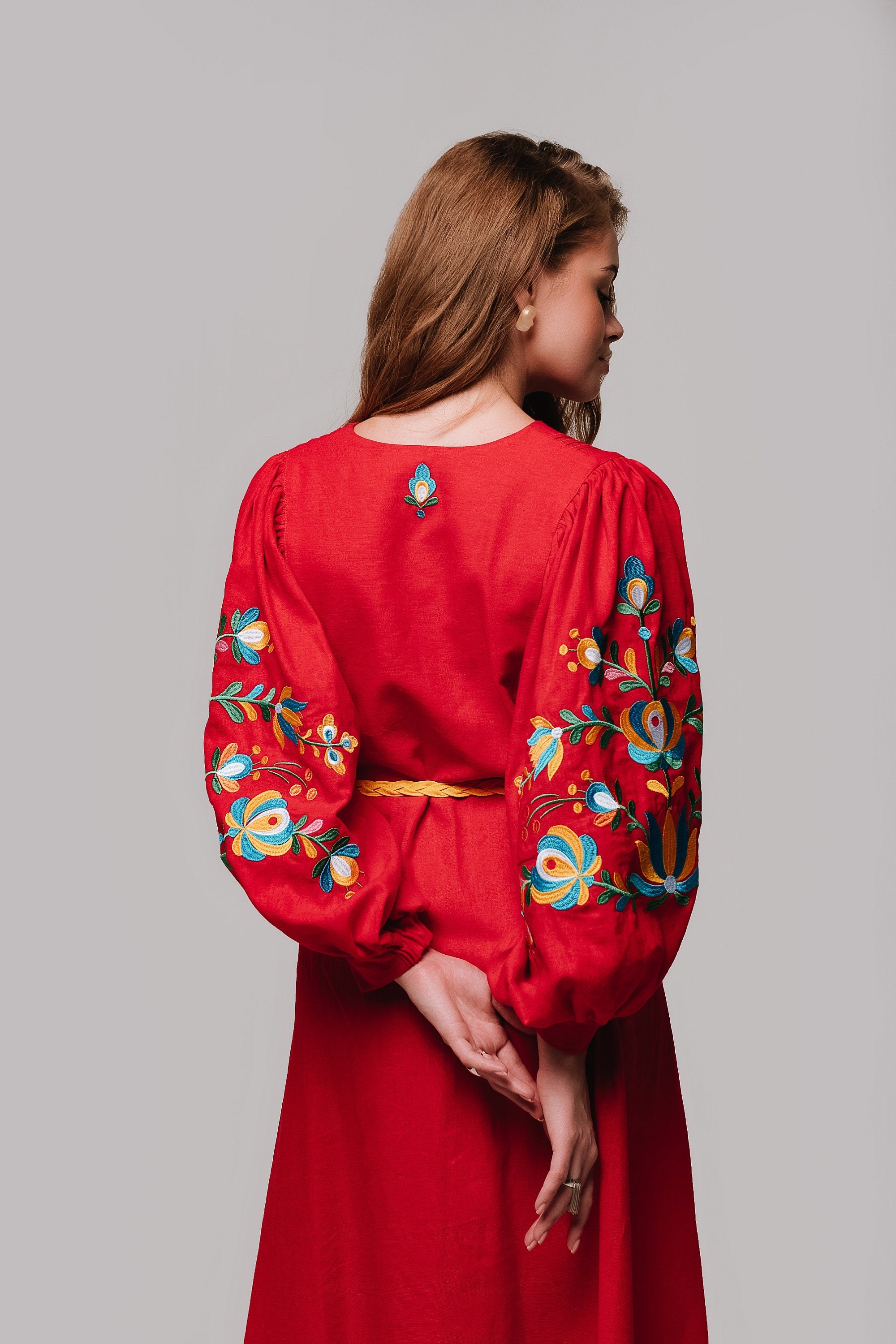 Mothers Day Red Linen Vyshyvanka Dress with Floral Embroidery