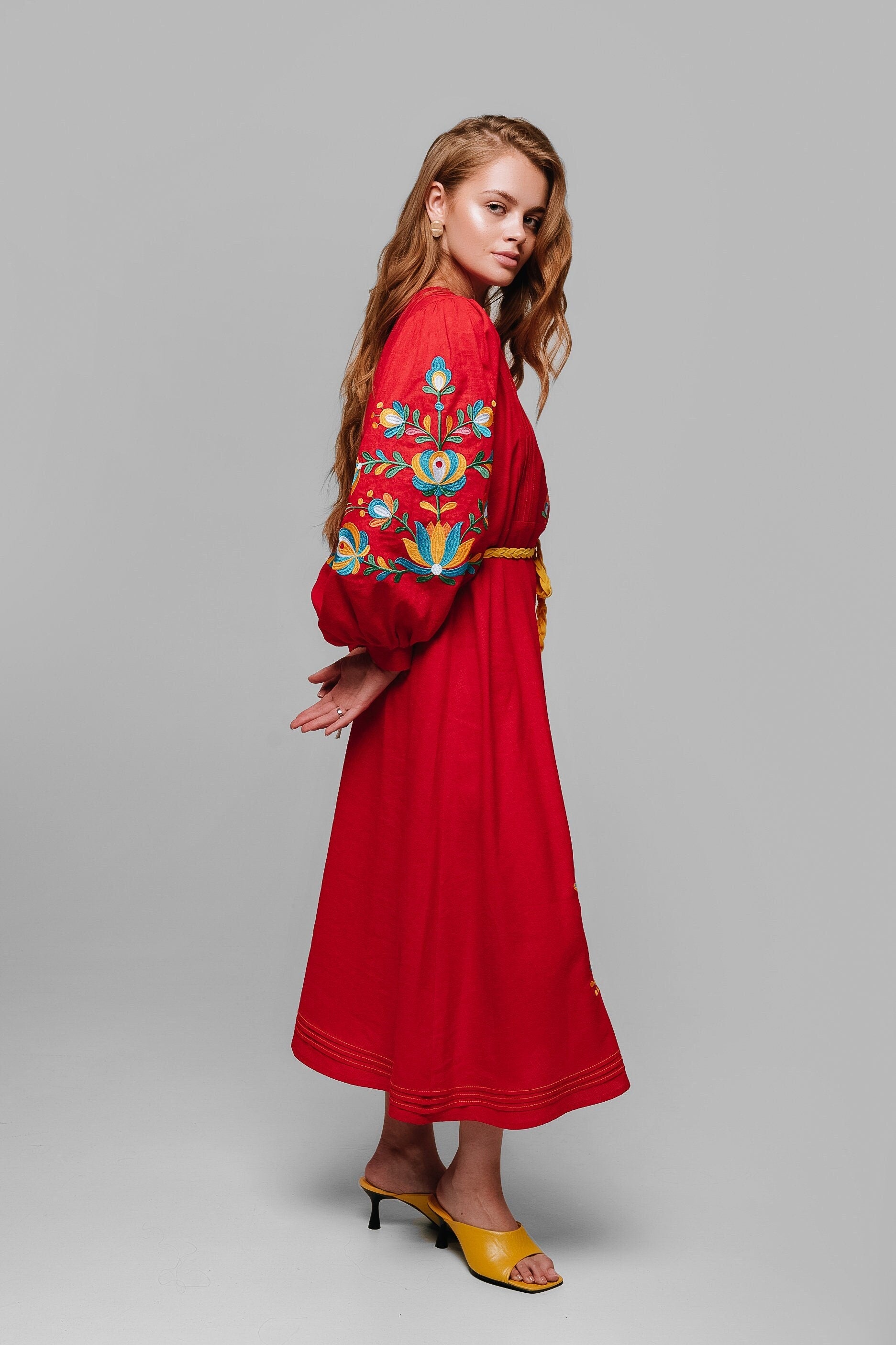Mothers Day Red Linen Vyshyvanka Dress with Floral Embroidery