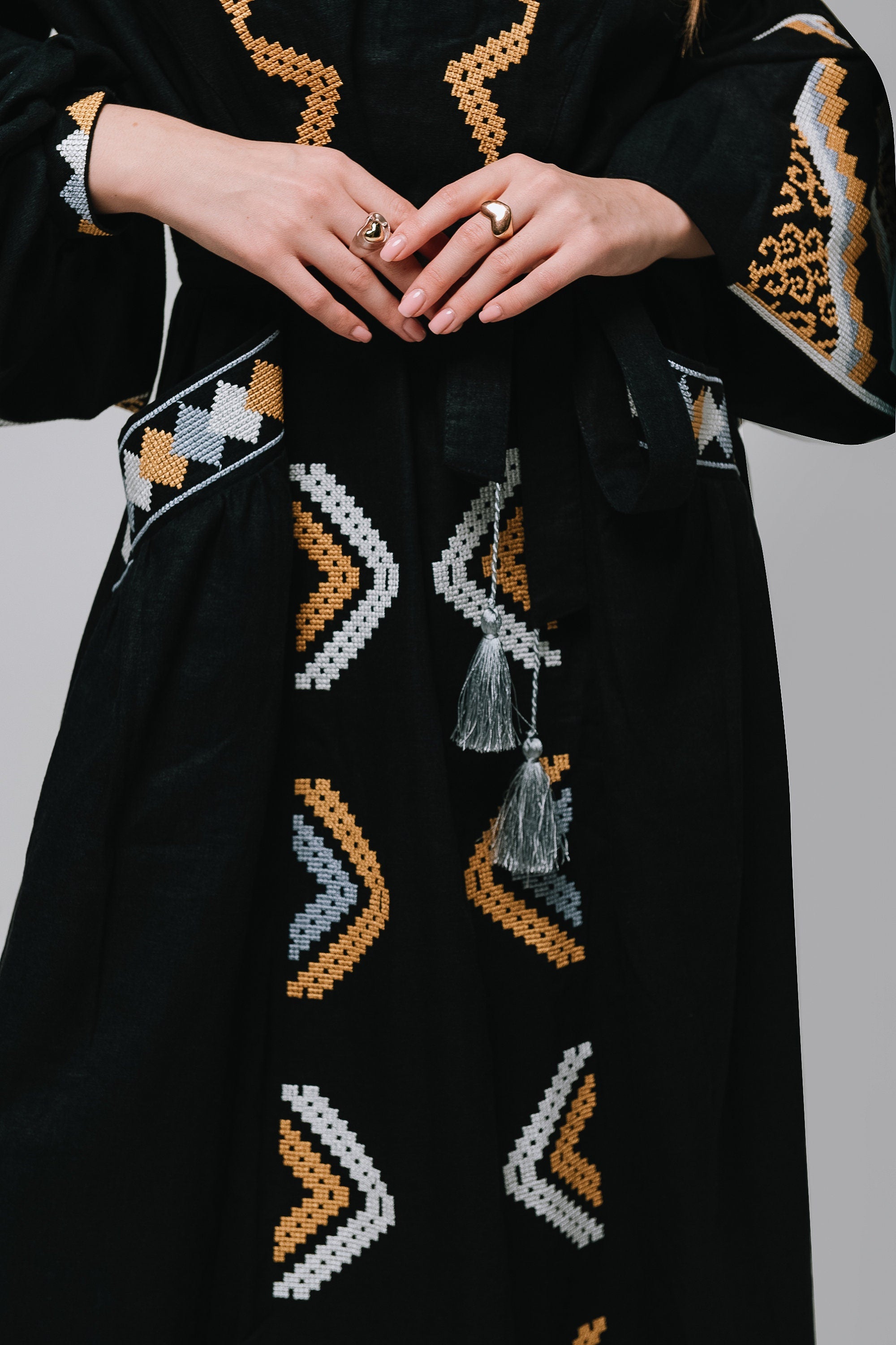 Mothers Day Ukrainian Vyshyvanka Black Linen Kaftan Dress with Geometric Embroidery