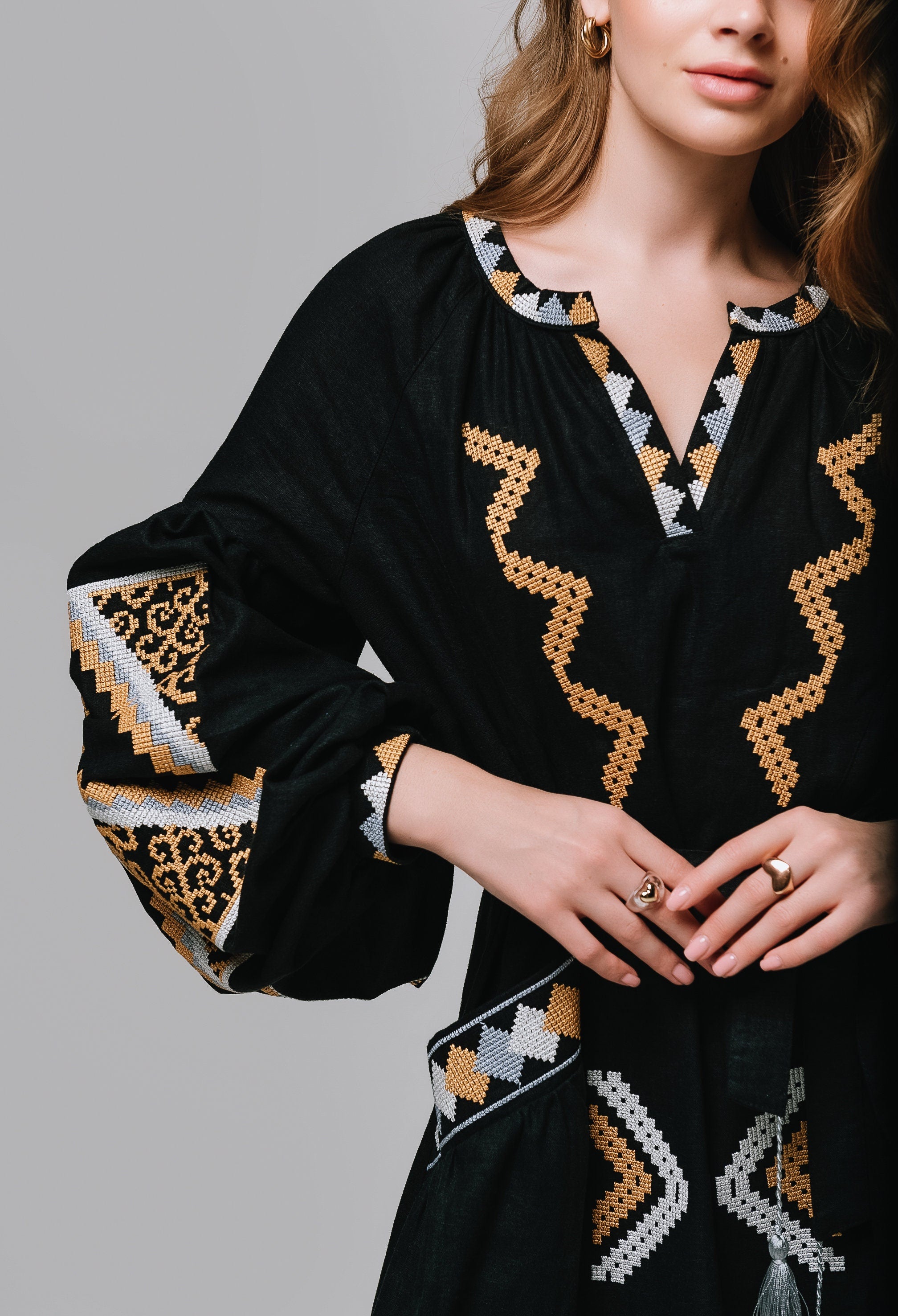 Mothers Day Ukrainian Vyshyvanka Black Linen Kaftan Dress with Geometric Embroidery