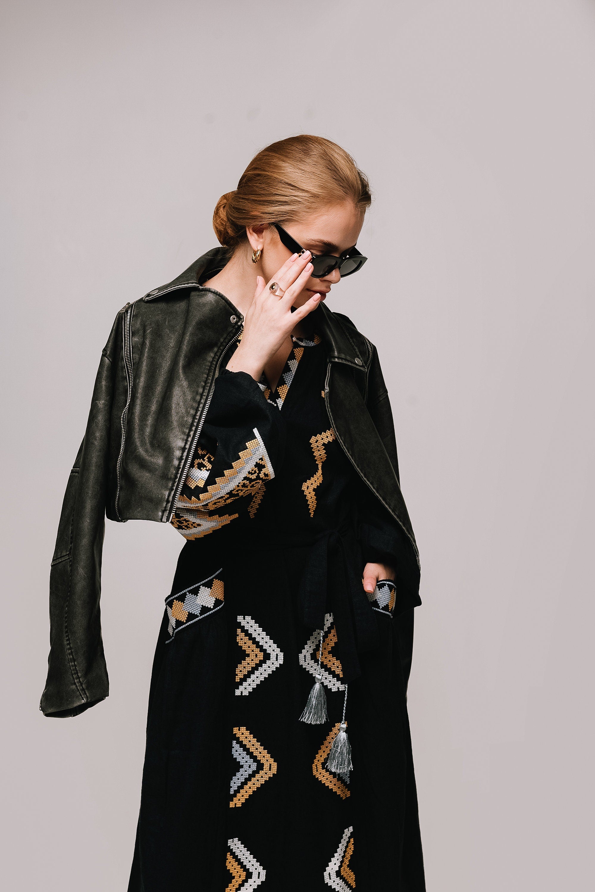 Mothers Day Ukrainian Vyshyvanka Black Linen Kaftan Dress with Geometric Embroidery