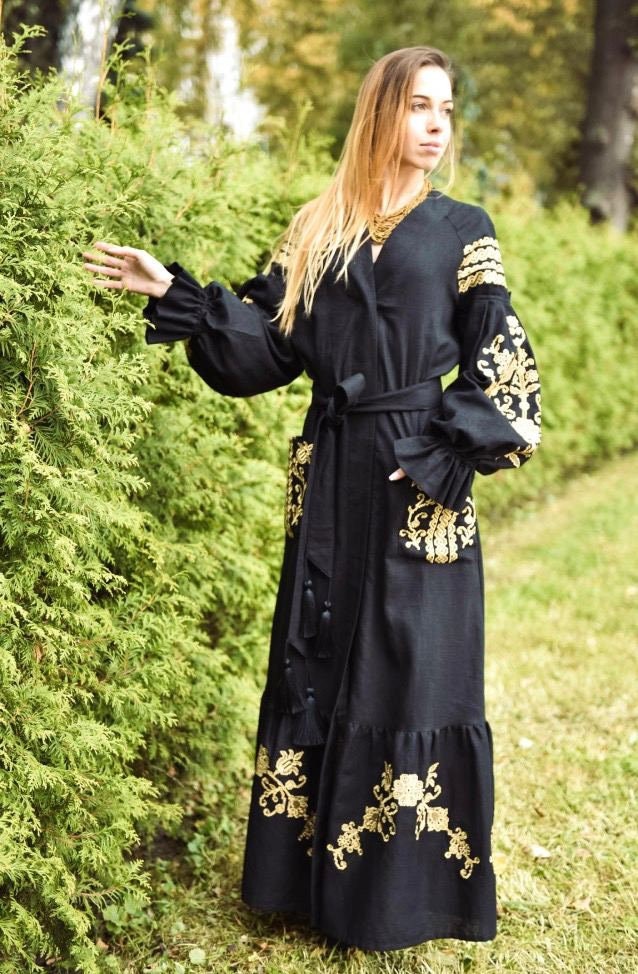 Black Ukrainian Embroidered Linen Kaftan Dress - Tree of Life Boho Chic