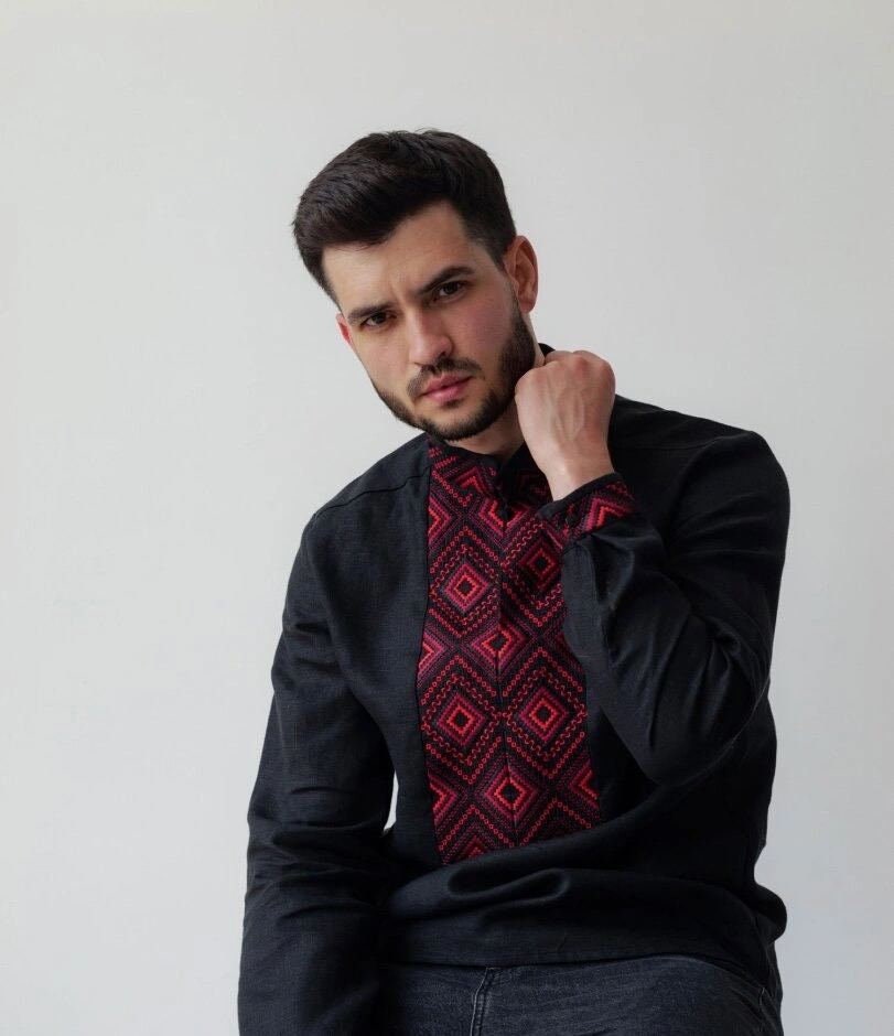 Men's Black Ukrainian Vyshyvanka Shirt with Red Embroidery
