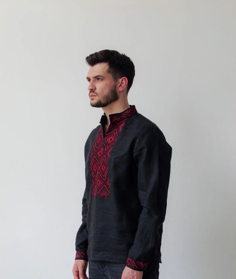 Men's Black Ukrainian Vyshyvanka Shirt with Red Embroidery
