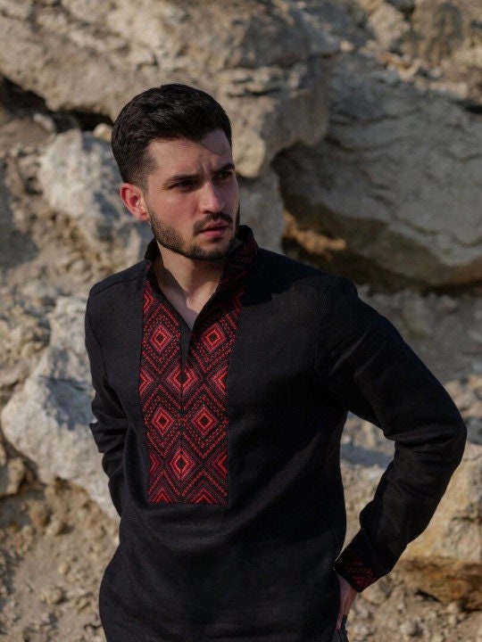 Men's Black Ukrainian Vyshyvanka Shirt with Red Embroidery