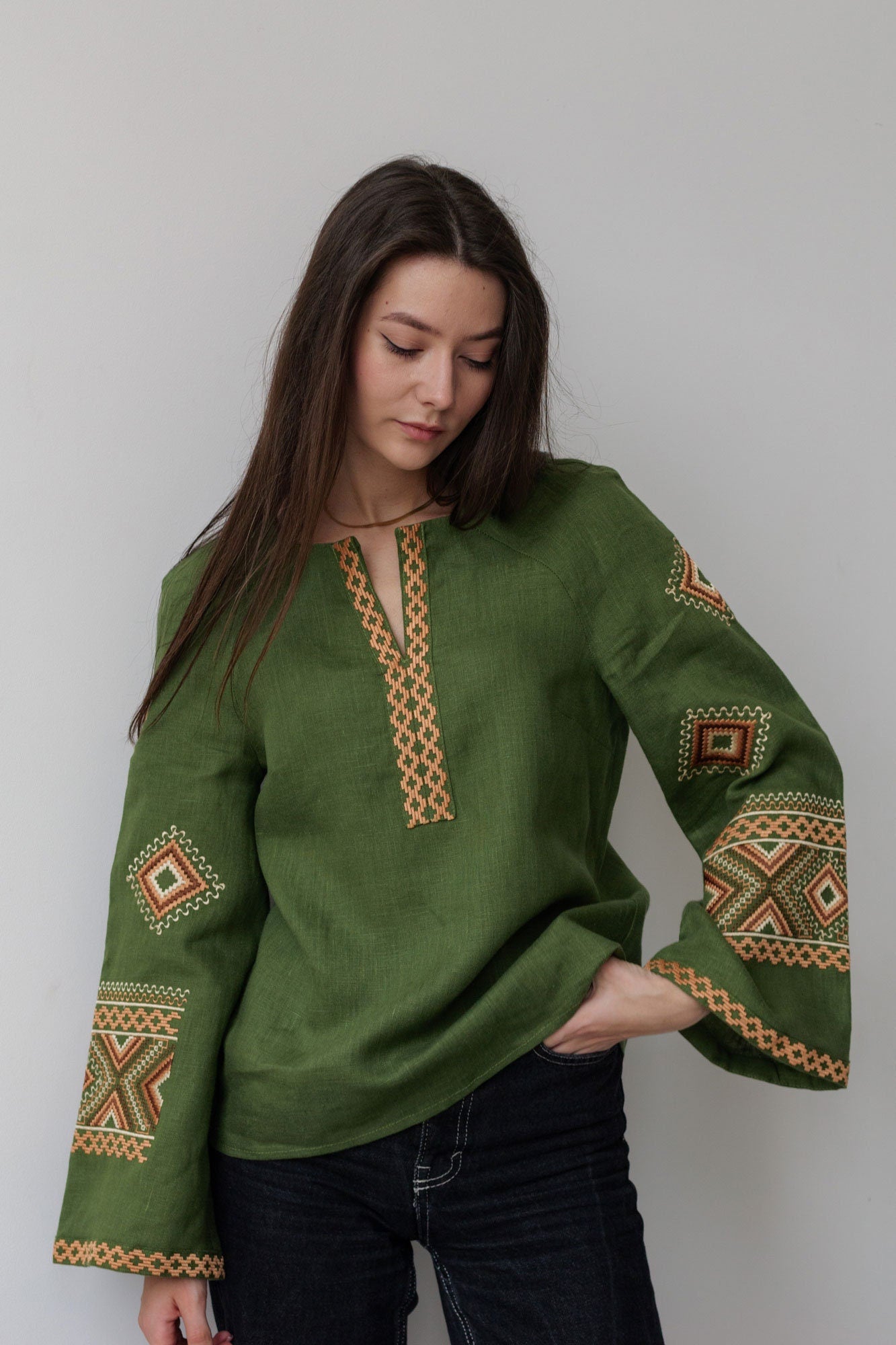 Green Ukrainian Vyshyvanka Blouse with Black Embroidery - Bohemian Ethnic Shirt