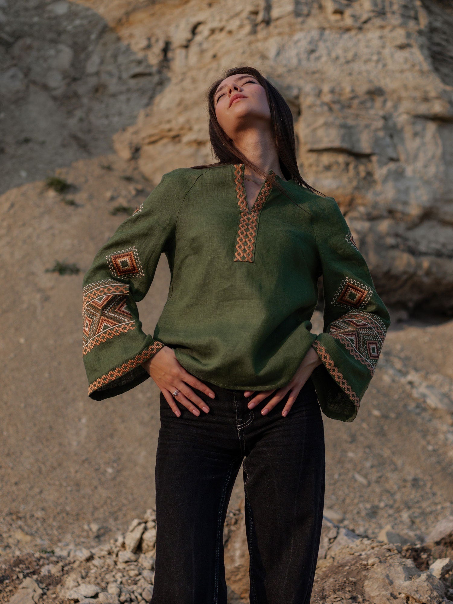 Green Ukrainian Vyshyvanka Blouse with Black Embroidery - Bohemian Ethnic Shirt