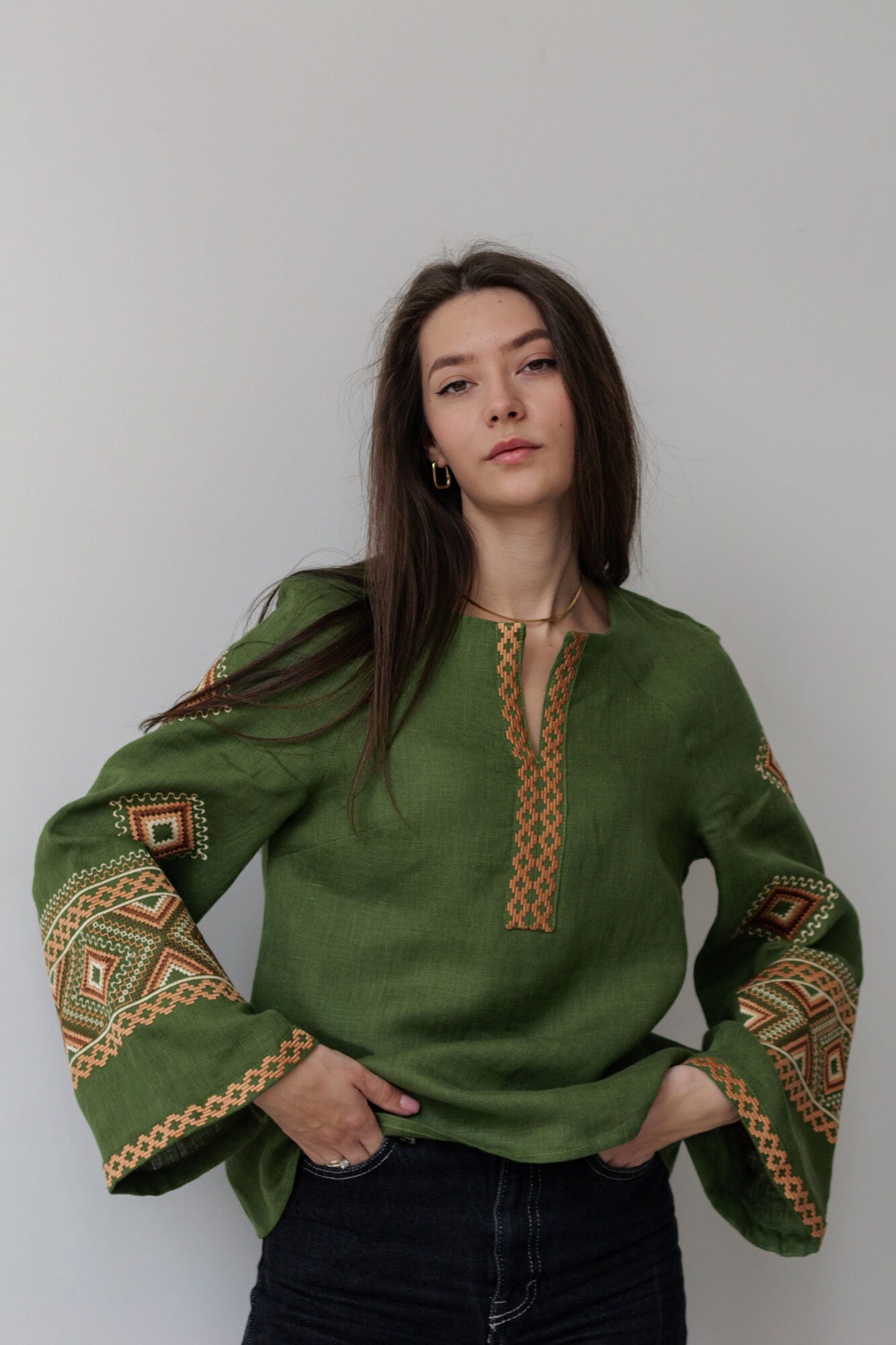 Green Linen Ukrainian Vyshyvanka Blouse - Embroidered Women's Top