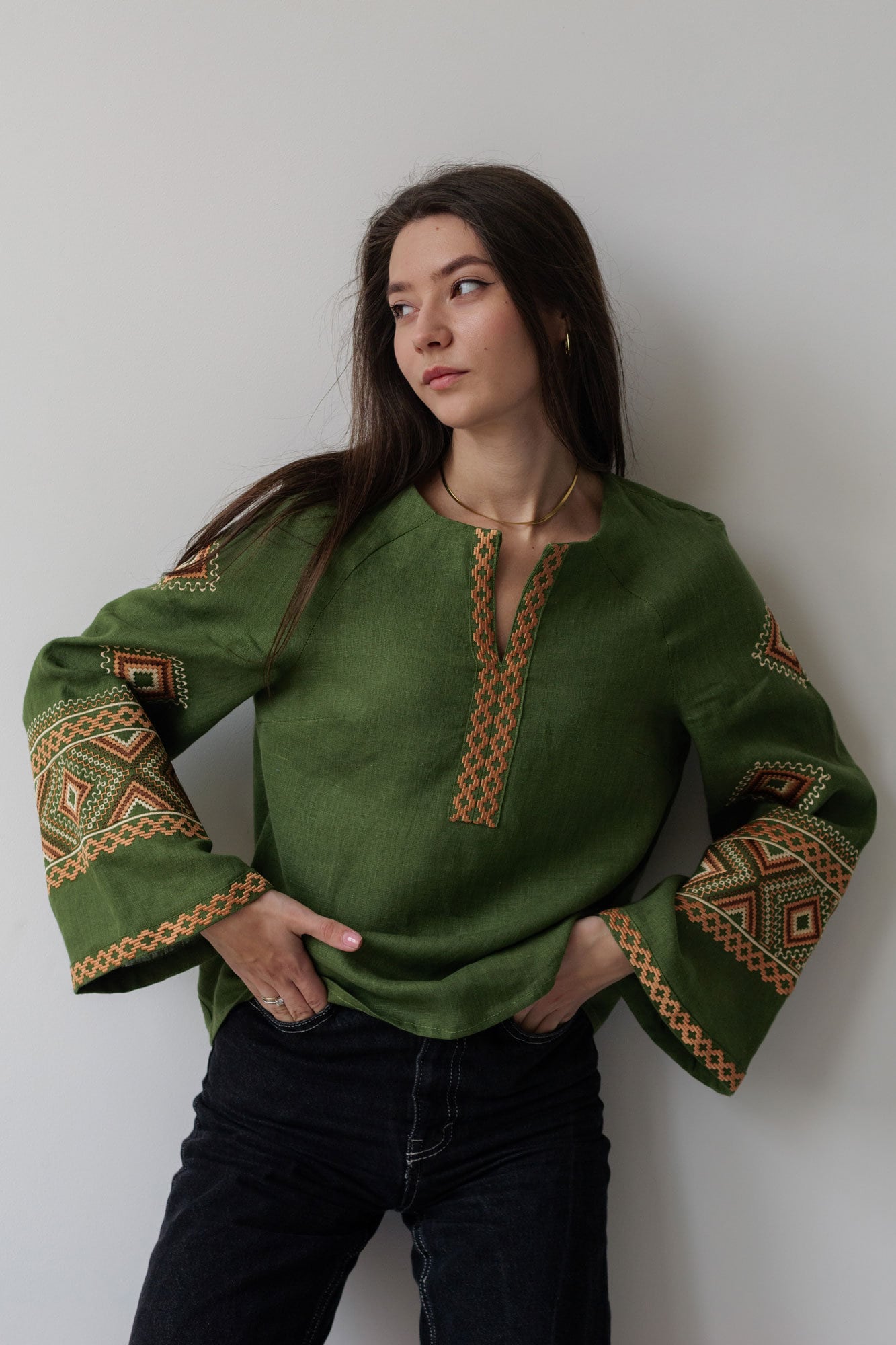 Green Linen Ukrainian Vyshyvanka Blouse - Embroidered Women's Top