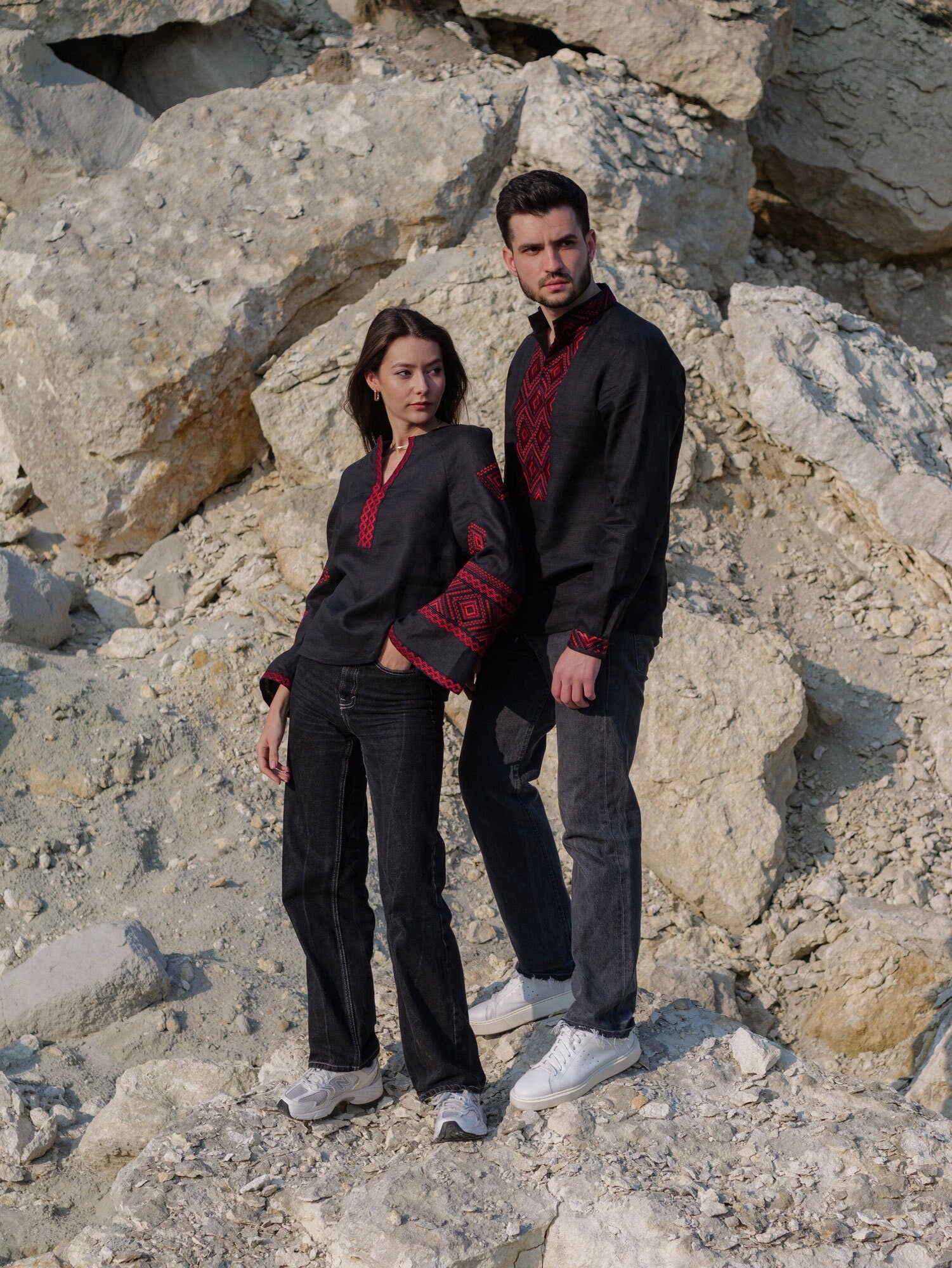 Black Linen Ukrainian Vyshyvanka Blouse with Red Embroidery - Women's Embroidered Top