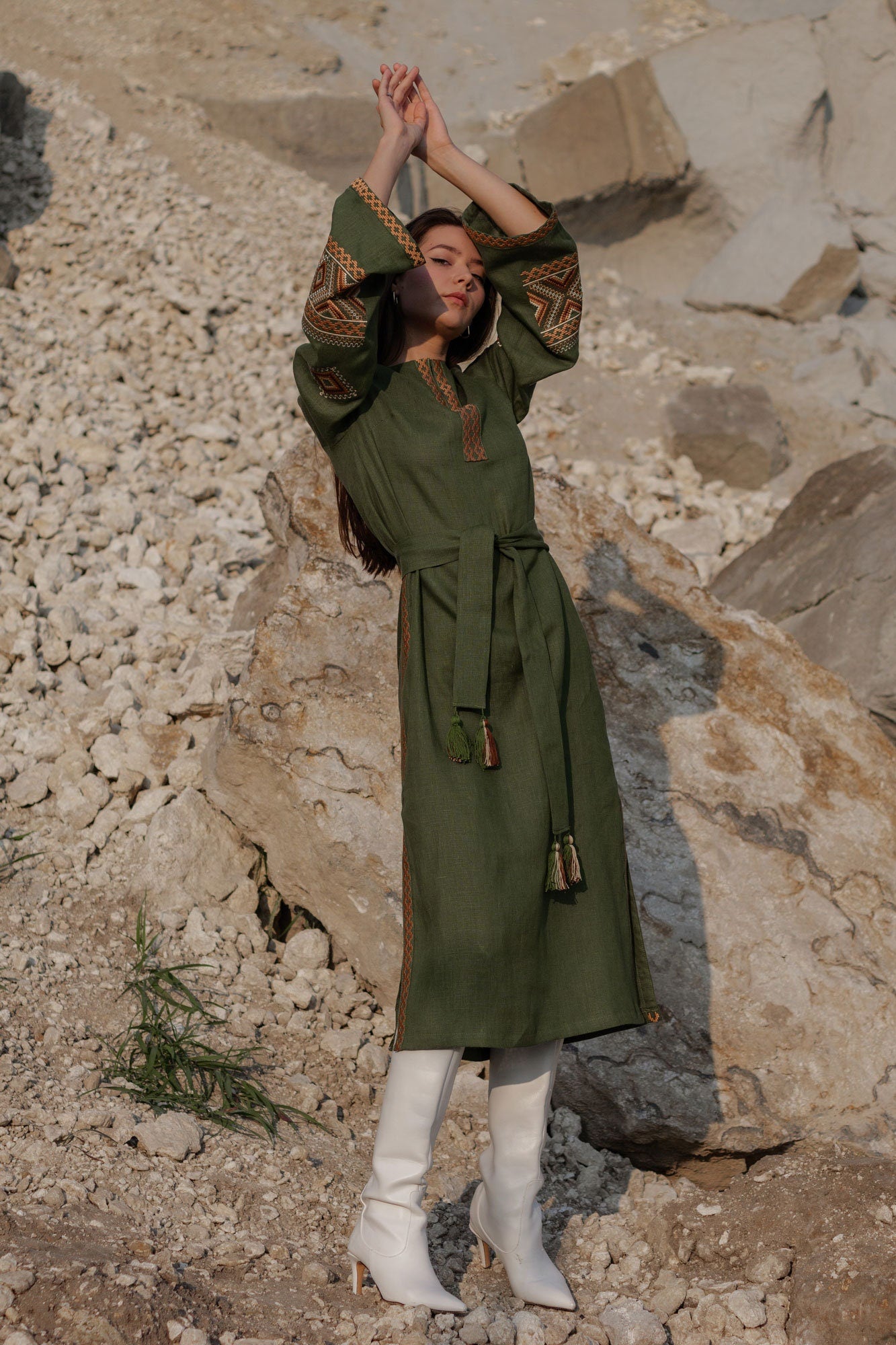 Embroidered Green Ukrainian Vyshyvanka Dress - Boho Style Women's Clothing