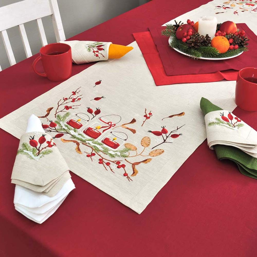 140x40 CM Embroidered Ukrainian Dog-rose Linen Tablecloth Runner