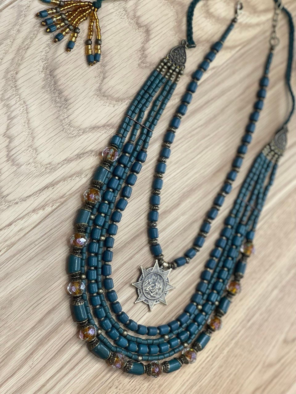 Handmade Green Ukrainian Ceramic Necklace - Antique Agate Ethnic Jewelry