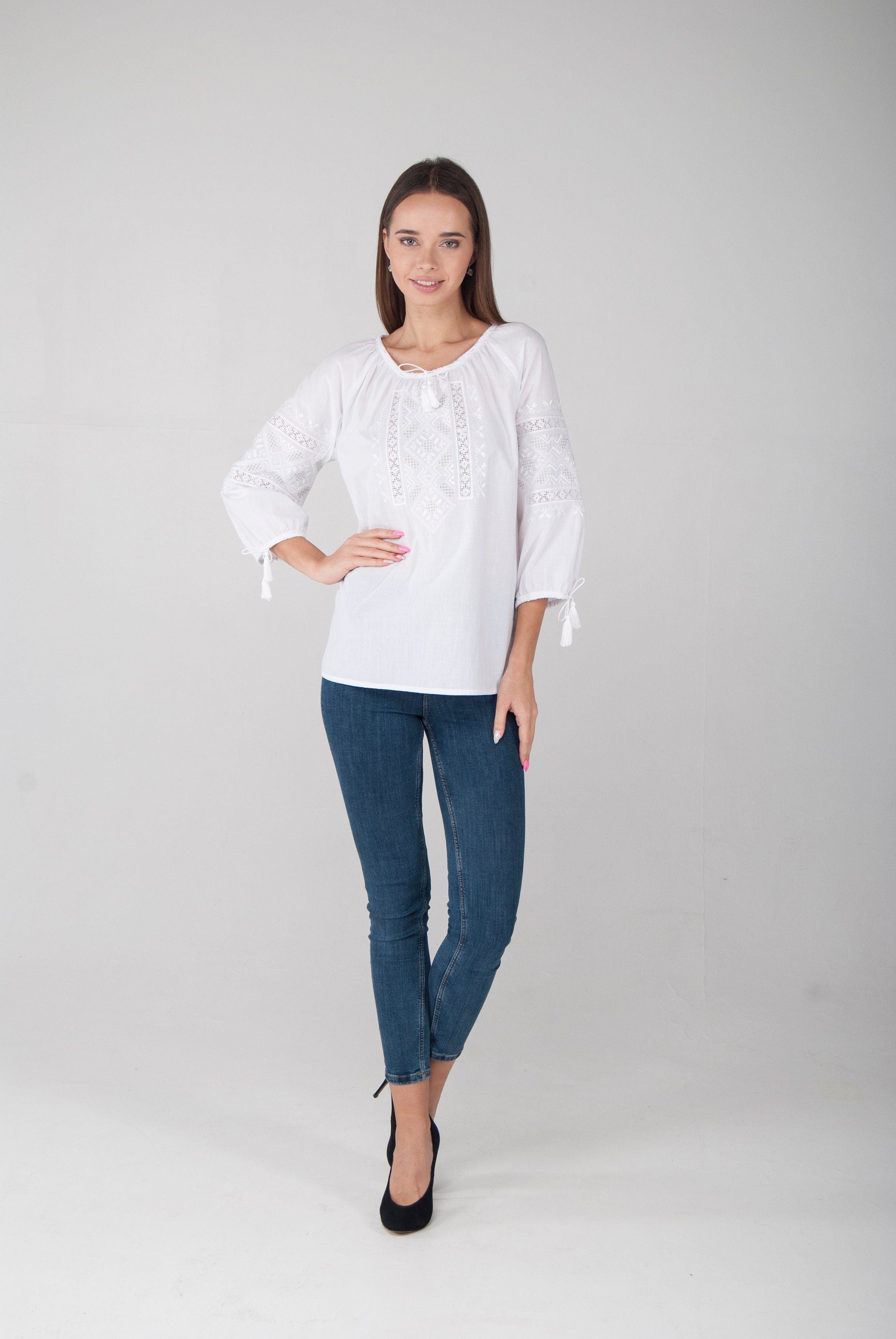 White-on-White Ukrainian Vyshyvanka Blouse - Embroidered Women’s Shirt