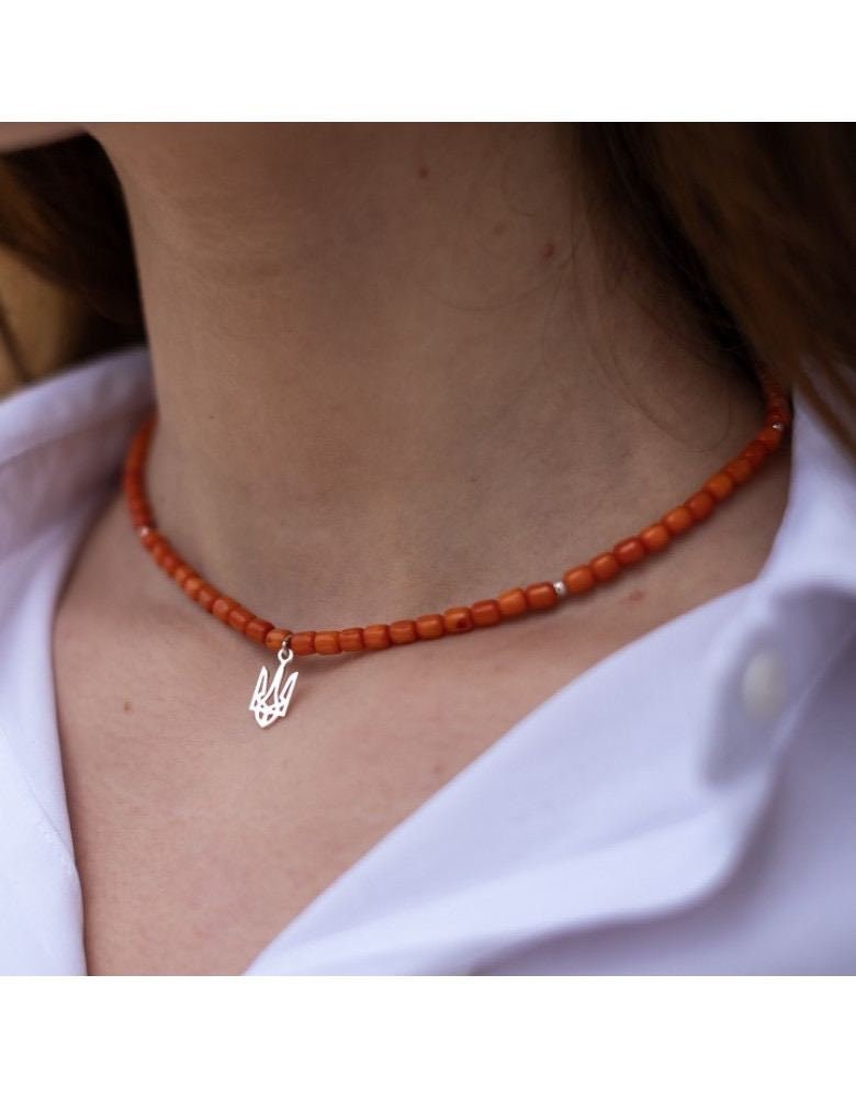 Ukrainian Traditional Silver Trident Ethnic Jewelry with Terracotta Coral Necklace