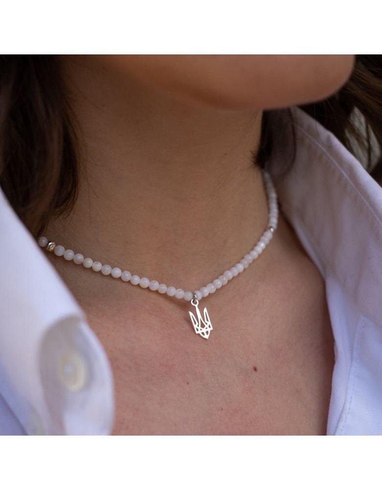 Ukrainian Traditional Mother-of-Pearl Necklace with Silver Trident - Ethnic Jewelry