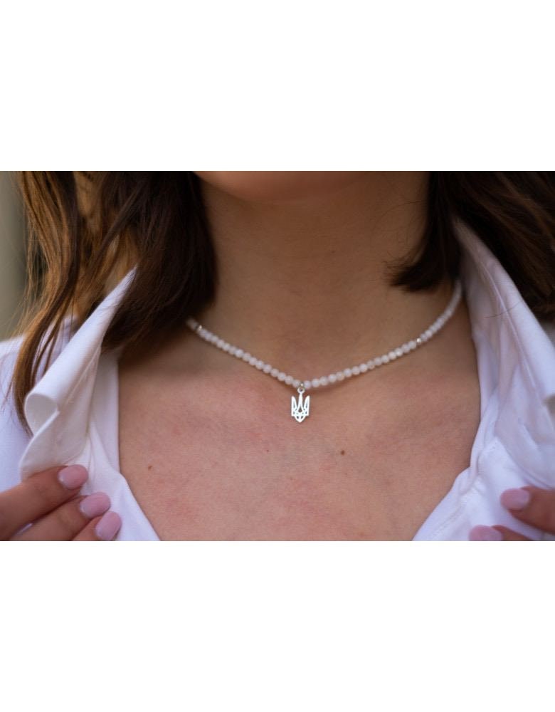 Ukrainian Traditional Mother-of-Pearl Necklace with Silver Trident - Ethnic Jewelry