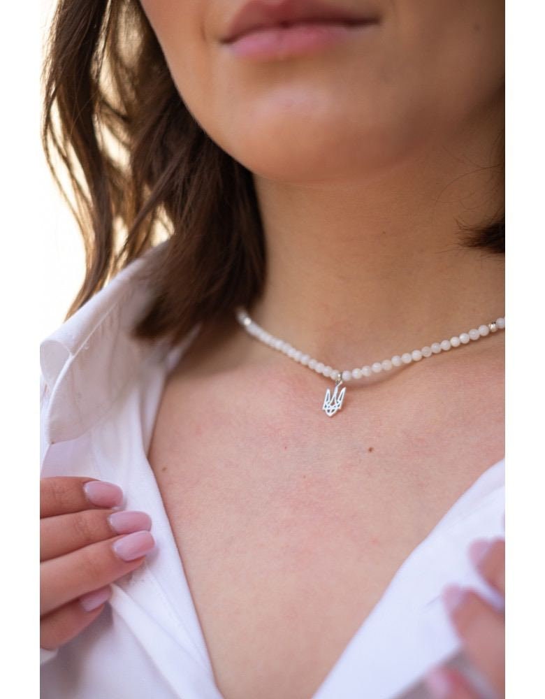 Ukrainian Traditional Mother-of-Pearl Necklace with Silver Trident - Ethnic Jewelry