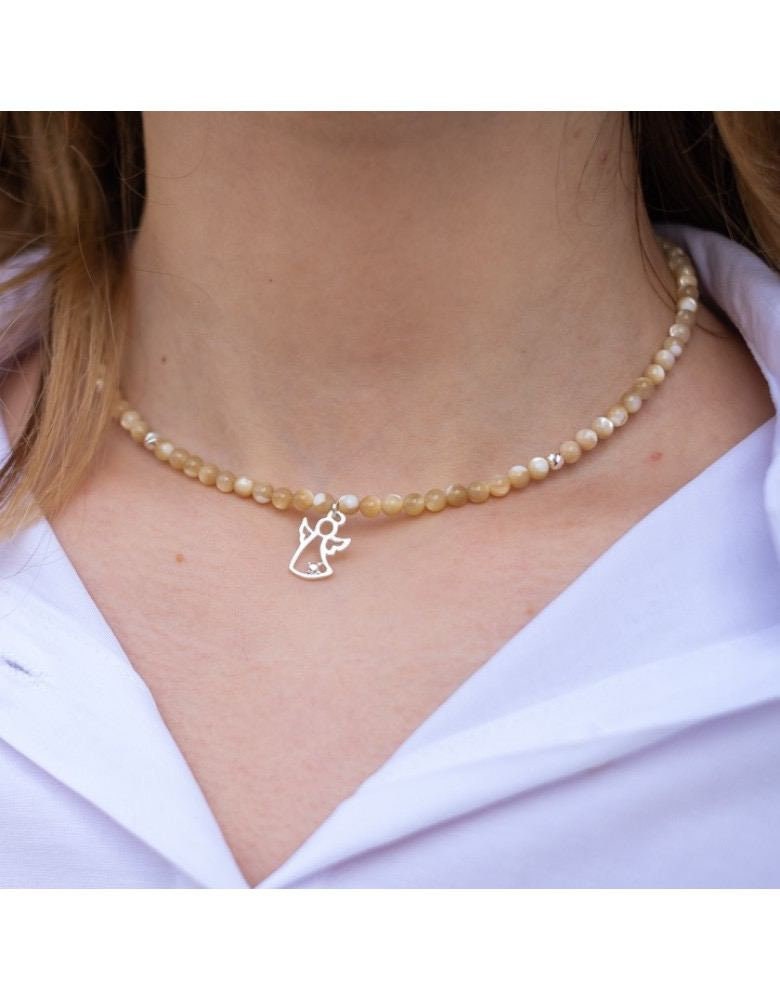 Ukrainian Mother-of-Pearl & Silver Angel Necklace - Handmade Ethnic Jewelry