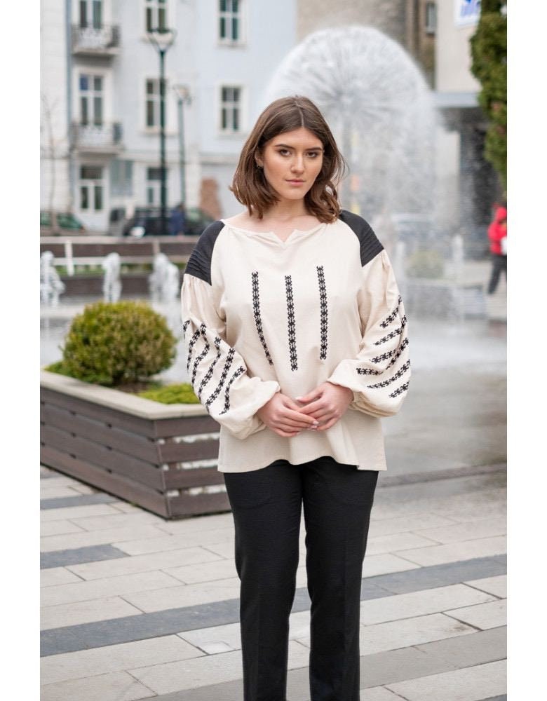 Beige Linen Ukrainian Vyshyvanka Embroidered Blouse - Bohemian Ethnic Shirt