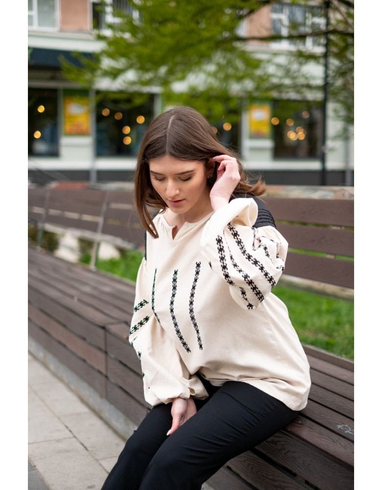 Beige Linen Ukrainian Vyshyvanka Embroidered Blouse - Bohemian Ethnic Shirt