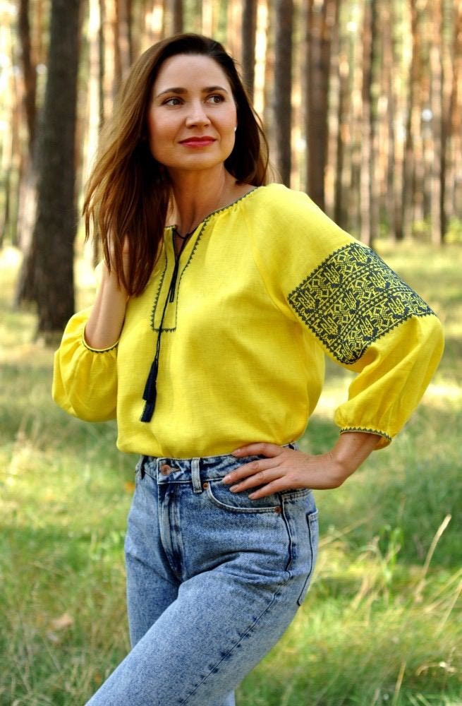 Yellow Linen Ukrainian Vyshyvanka Blouse - Embroidered Women's Traditional Top