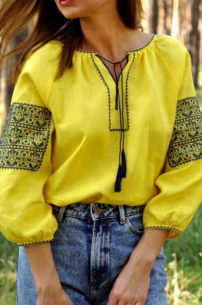 Yellow Linen Ukrainian Vyshyvanka Blouse - Embroidered Women's Traditional Top