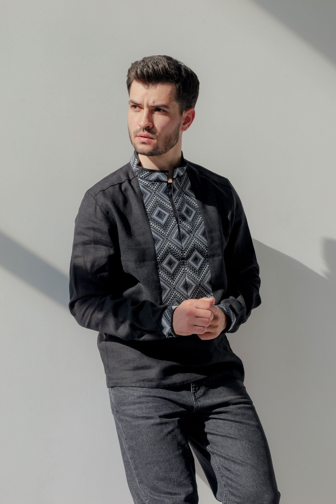 Black Ukrainian Embroidered Vyshyvanka Shirt for Men - Bohemian Ethnic Style for Easter